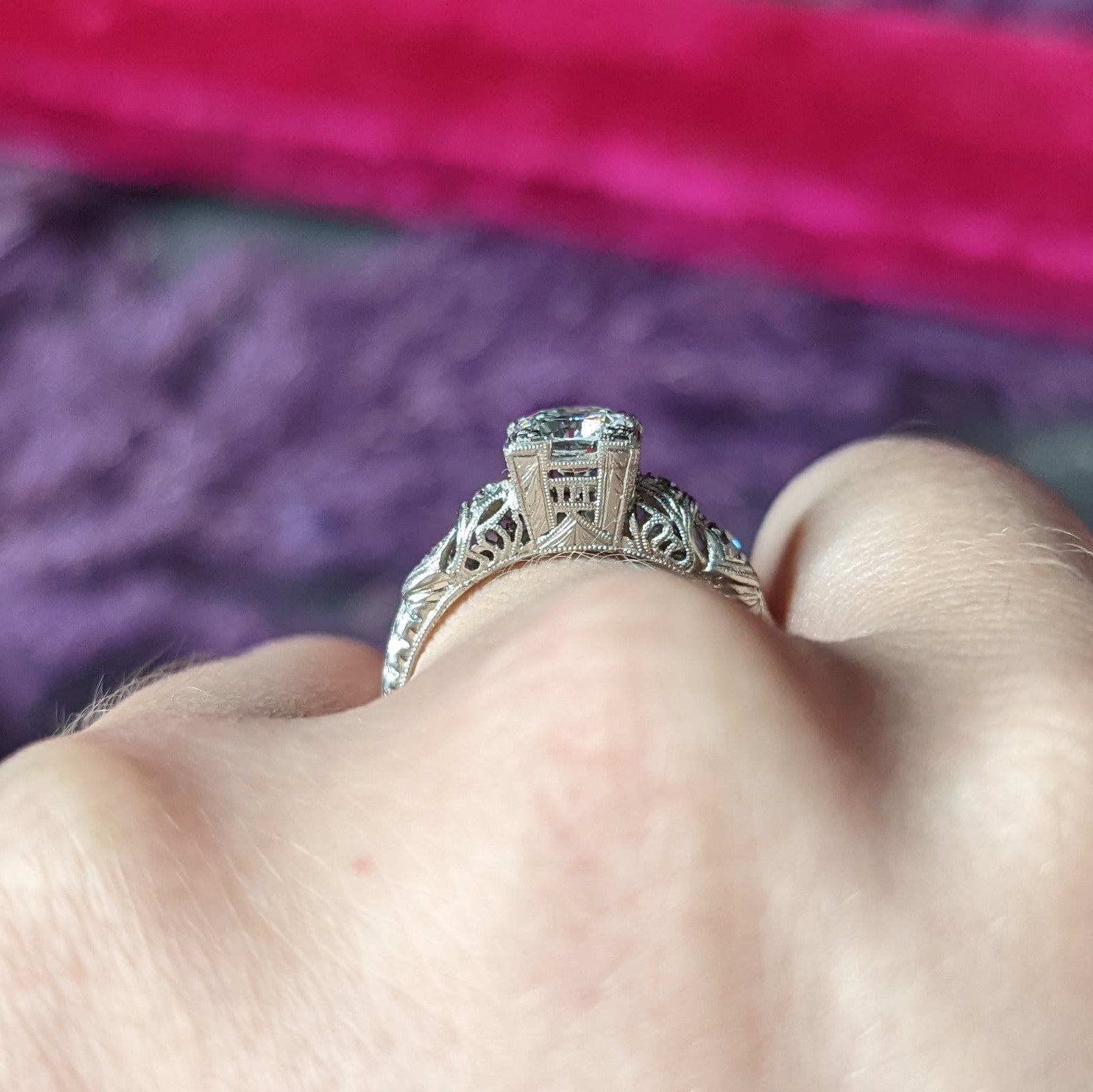 Art Deco Transitional Cut 0.92 CTW Diamond Platinum Square Form Ornate Engagement Ring Wilson's Estate Jewelry