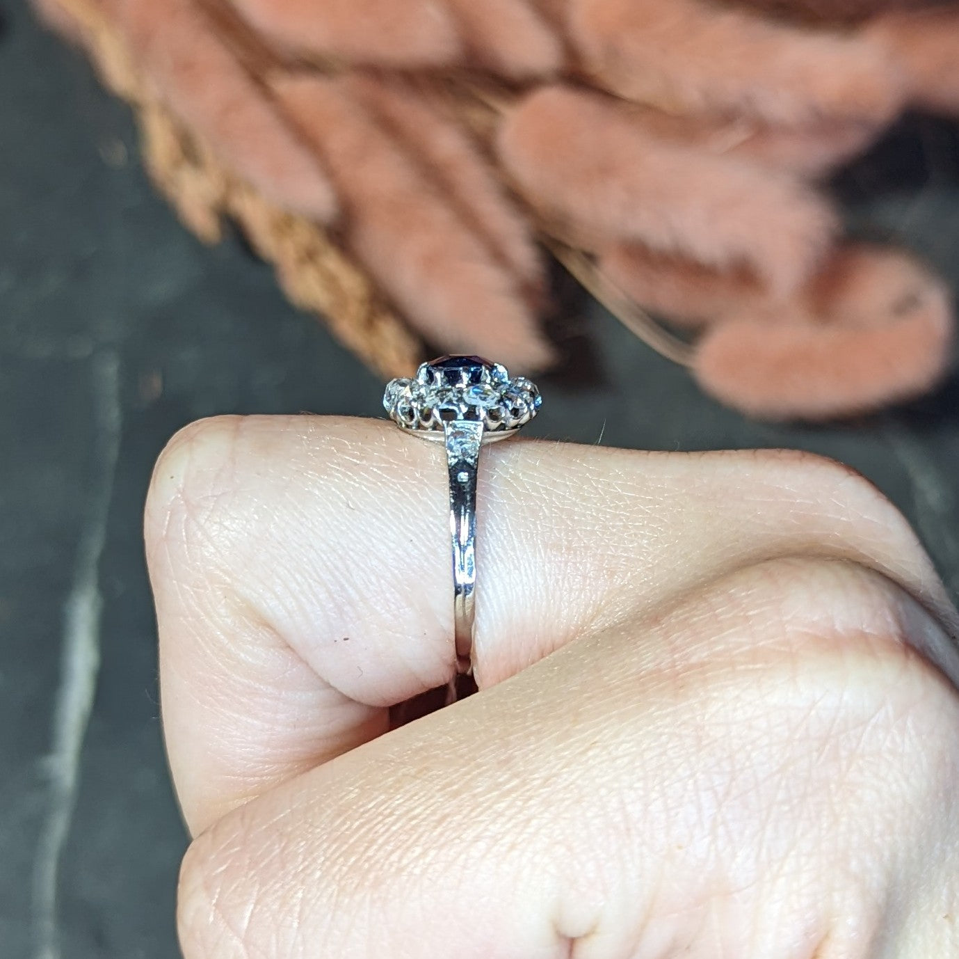 .11111 ##RESHOOT AFTER RHODIUM SH 1910 Edwardian 1.15 CTW Sapphire Rose Cut Diamond Platinum 18 Karat Gold Antique Cluster Ring Wilson's Estate Jewelry