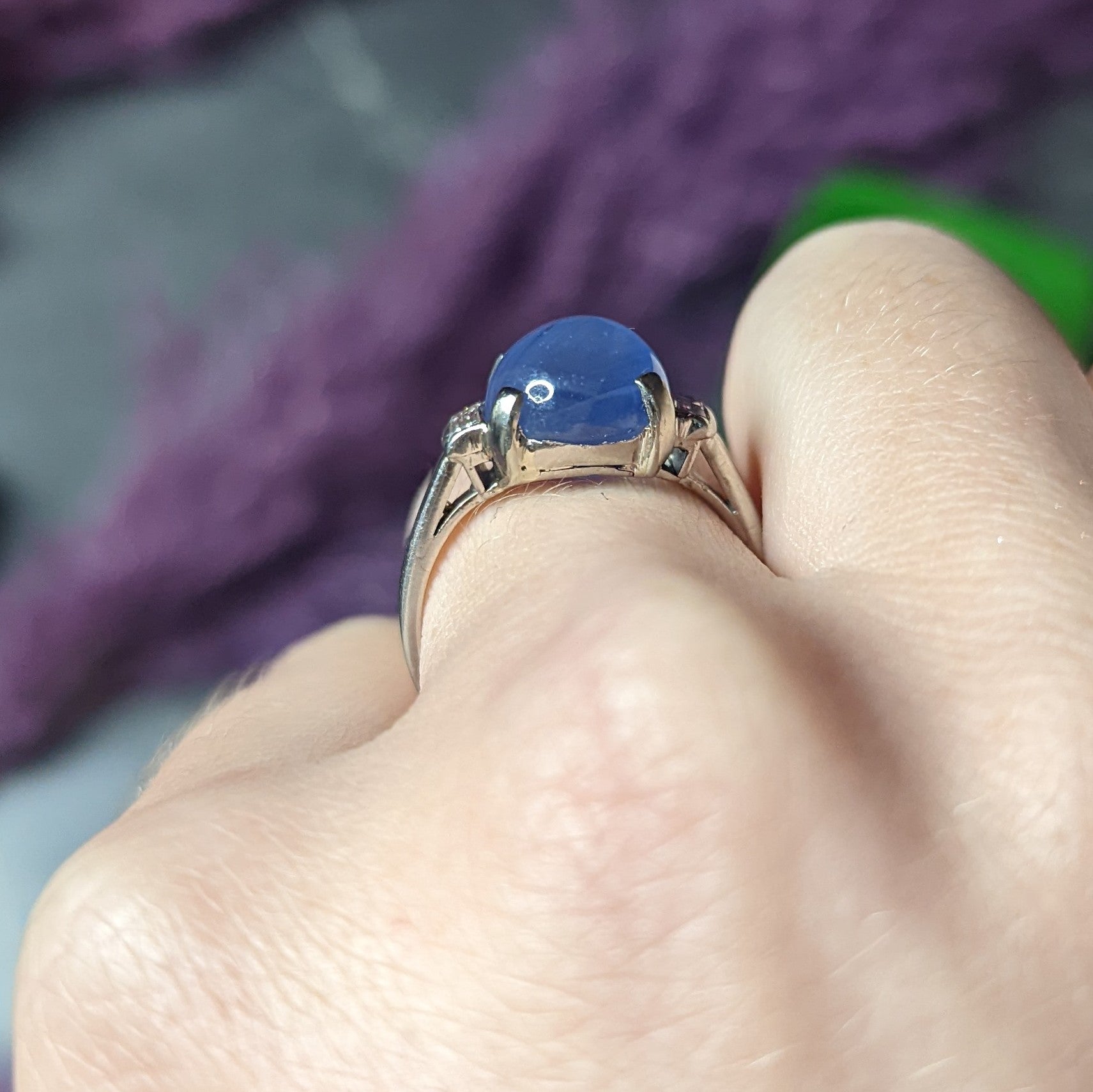 1950's Mid-Century 8.24 CTW Star Sapphire Cabochon Diamond Platinum Vintage Gemstone Ring Wilson's Estate Jewelry