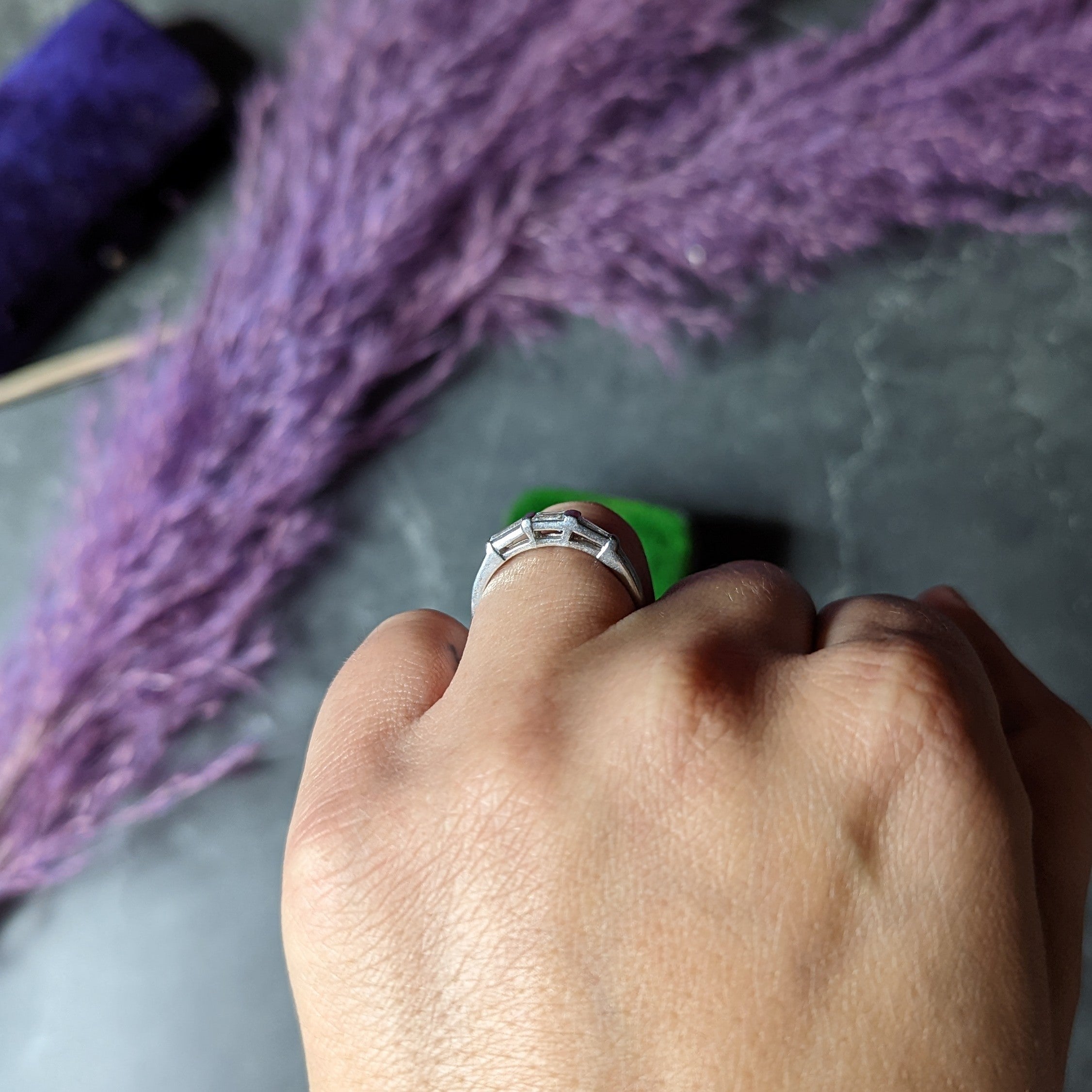 Mid-Century 0.31 CTW Baguette Diamond Platinum Three Stone Wedding Band Ring Wilson's Estate Jewelry