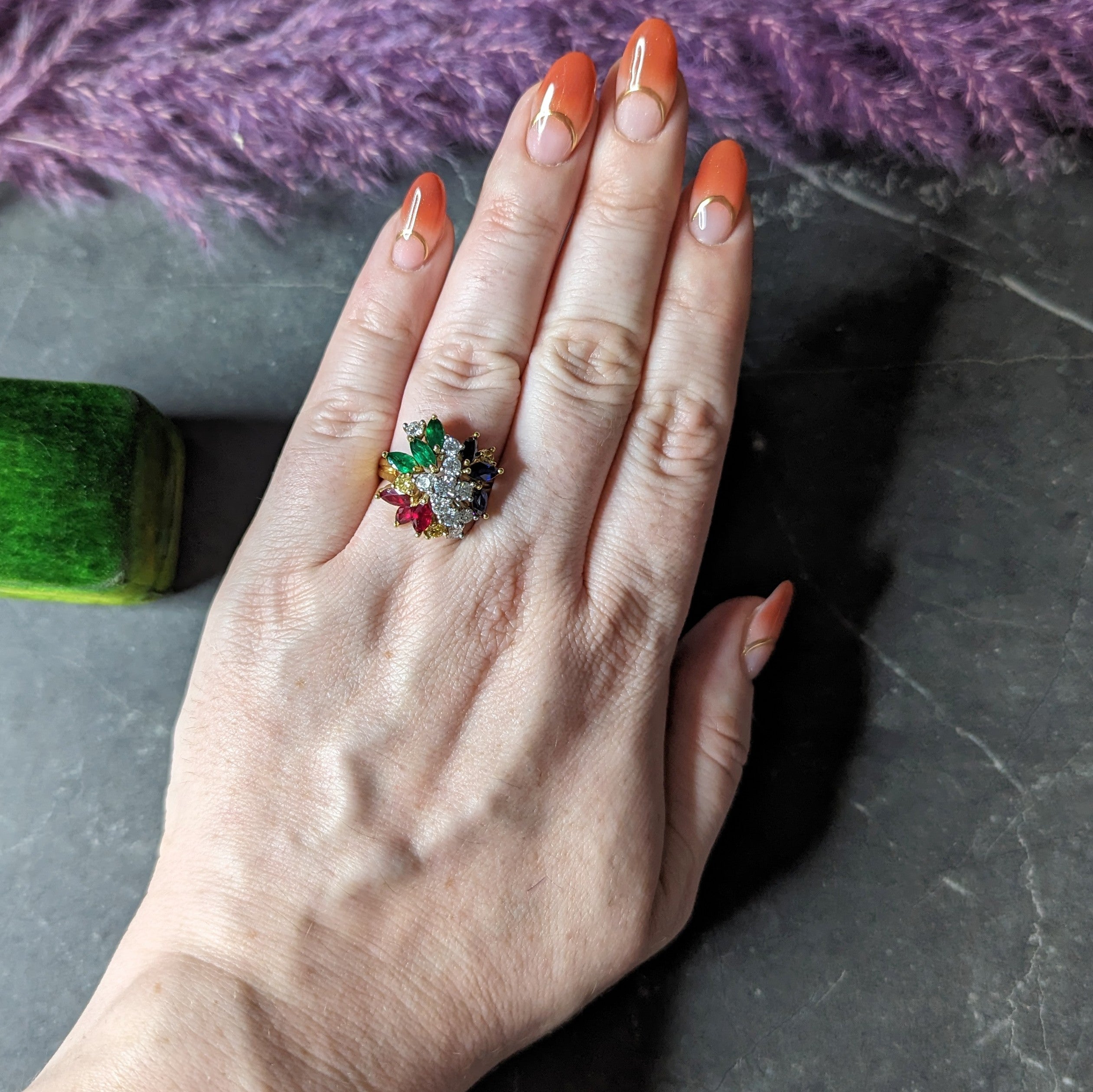 3.15 CTW Fancy Yellow Diamond Ruby Emerald Sapphire Platinum 18 Karat Yellow Gold Vintage Cluster Ring Wilson's Estate Jewelry