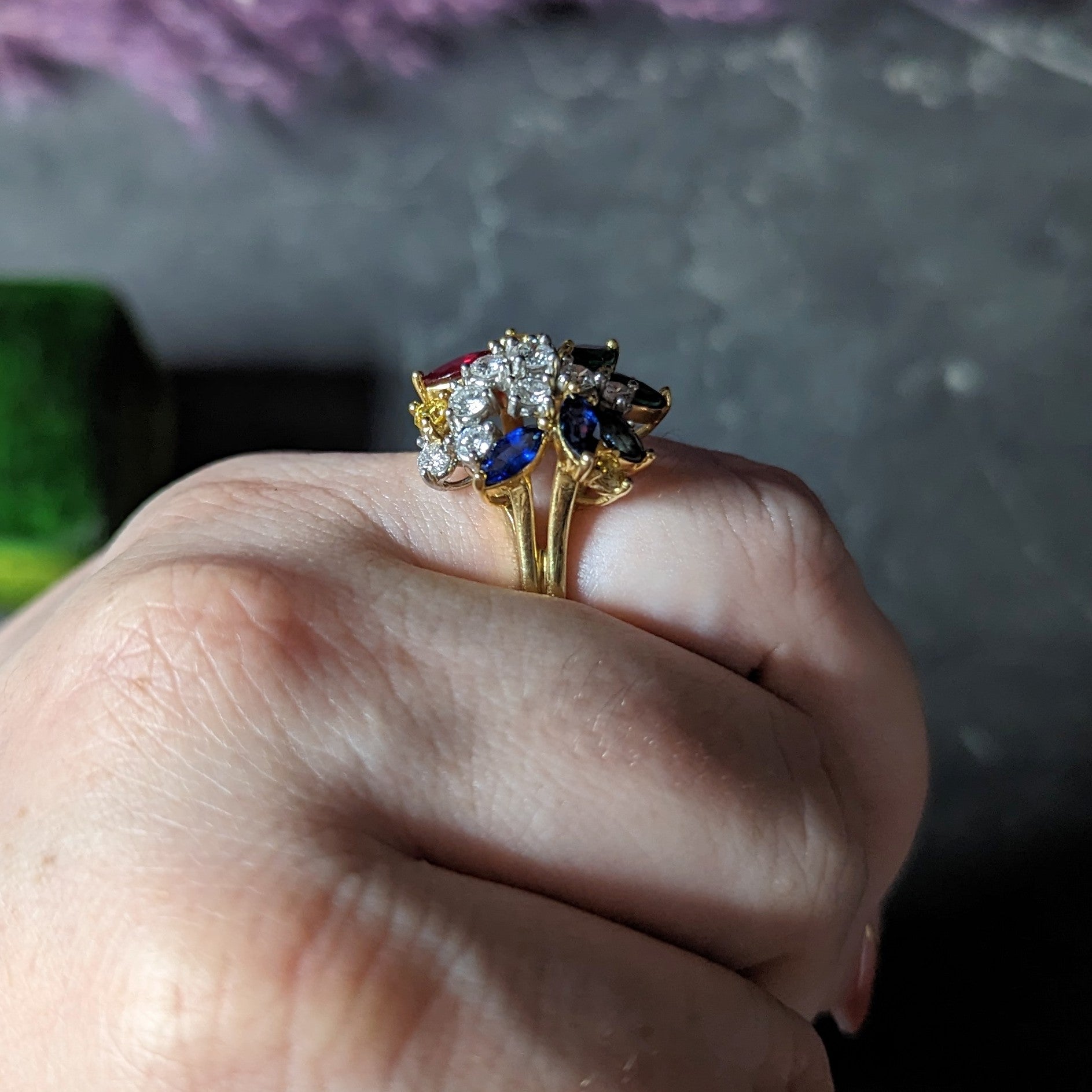 3.15 CTW Fancy Yellow Diamond Ruby Emerald Sapphire Platinum 18 Karat Yellow Gold Vintage Cluster Ring Wilson's Estate Jewelry
