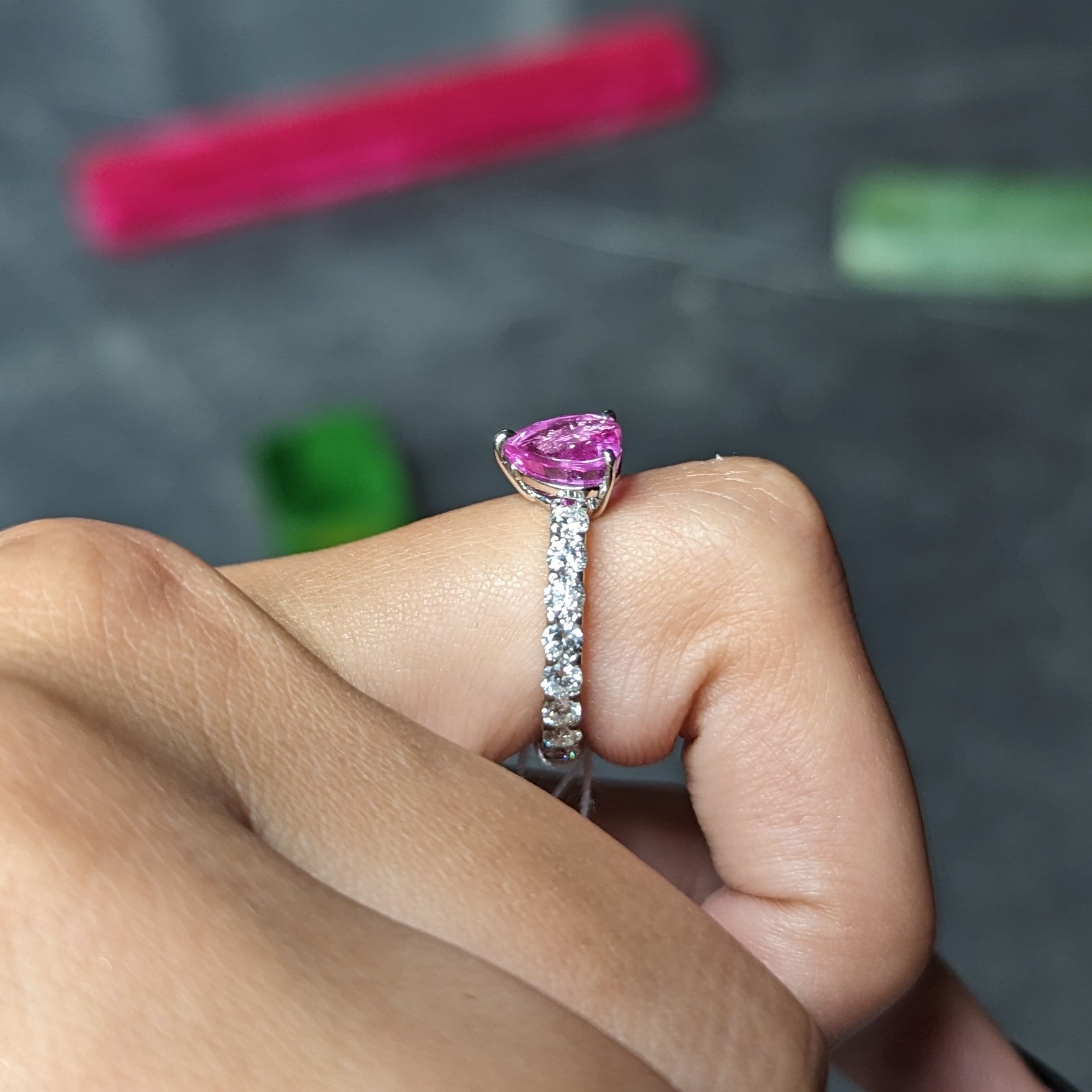 Contemporary 3.88 CTW Pink Sapphire Diamond Platinum Heart Ring Wilson's Estate Jewelry