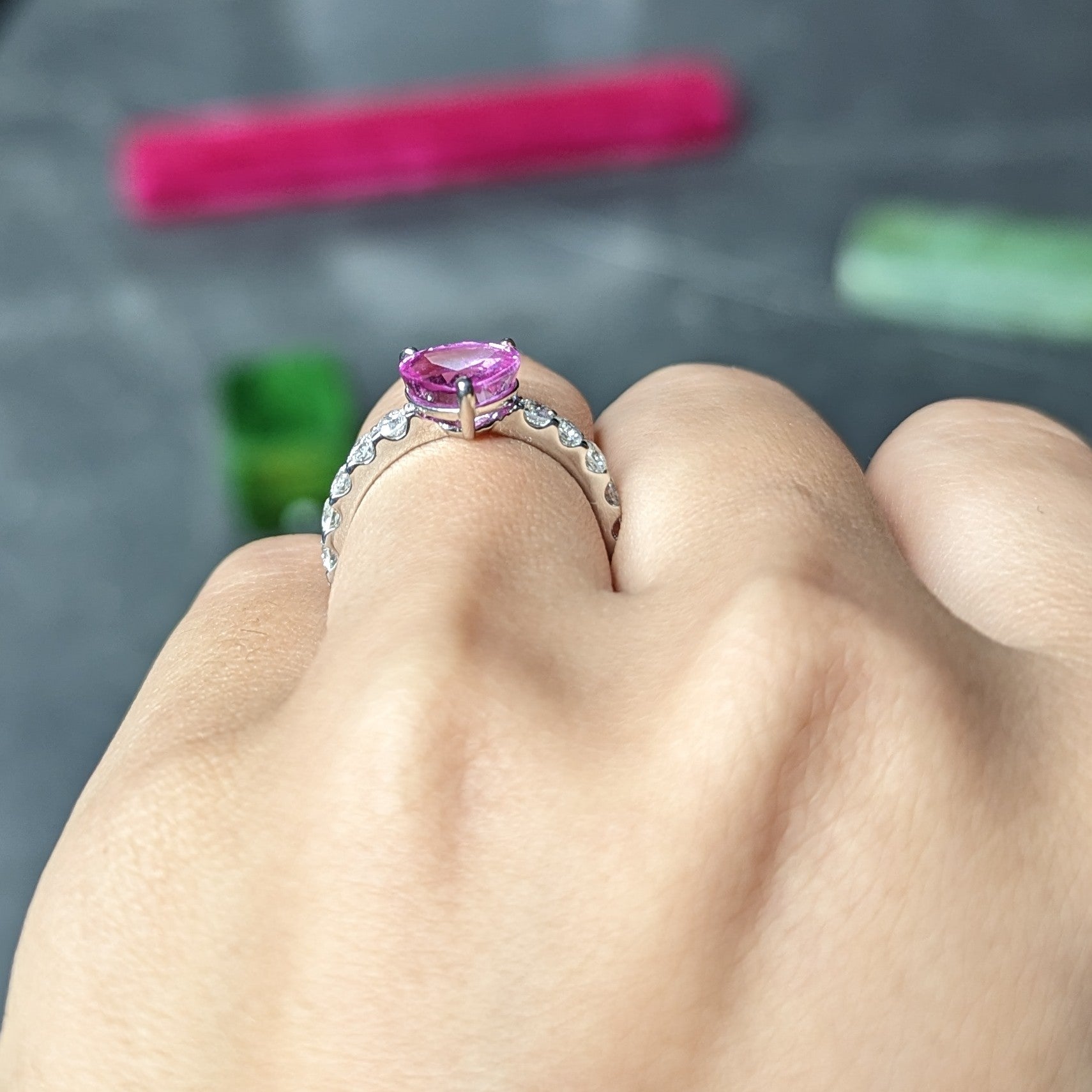 Contemporary 3.88 CTW Pink Sapphire Diamond Platinum Heart Ring Wilson's Estate Jewelry