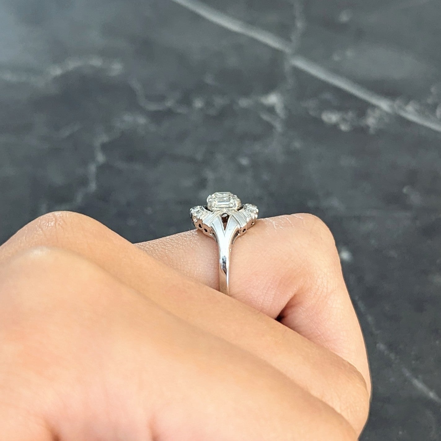 Art Deco 1.20 CTW Asscher Cut Diamond 14 Karat White Gold Cluster Antique Alternative Ring Wilson's Estate Jewelry