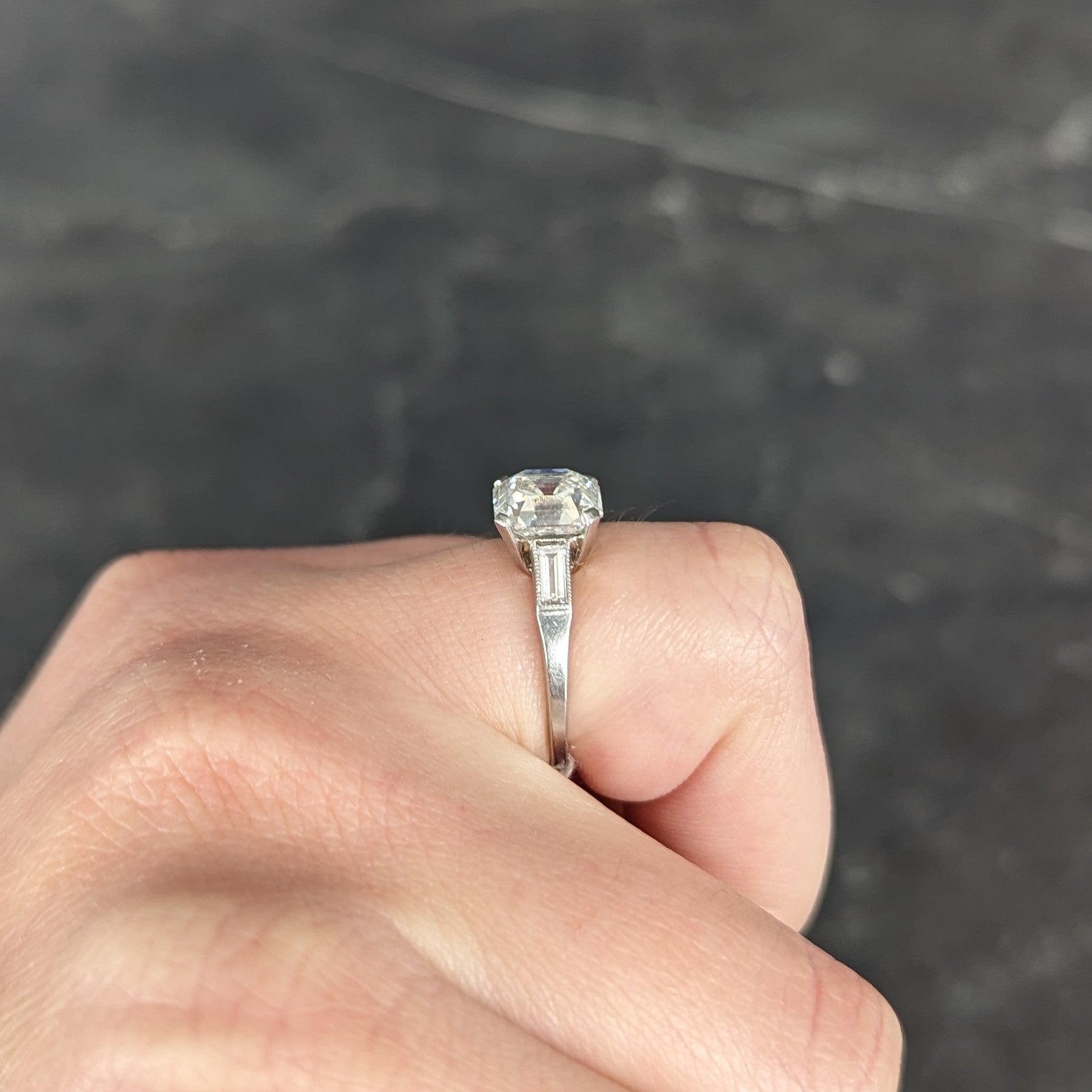 Late Art Deco 2.37 CTW Emerald Cut Diamond Platinum Vintage Engagement Ring Wilson's Estate Jewelry