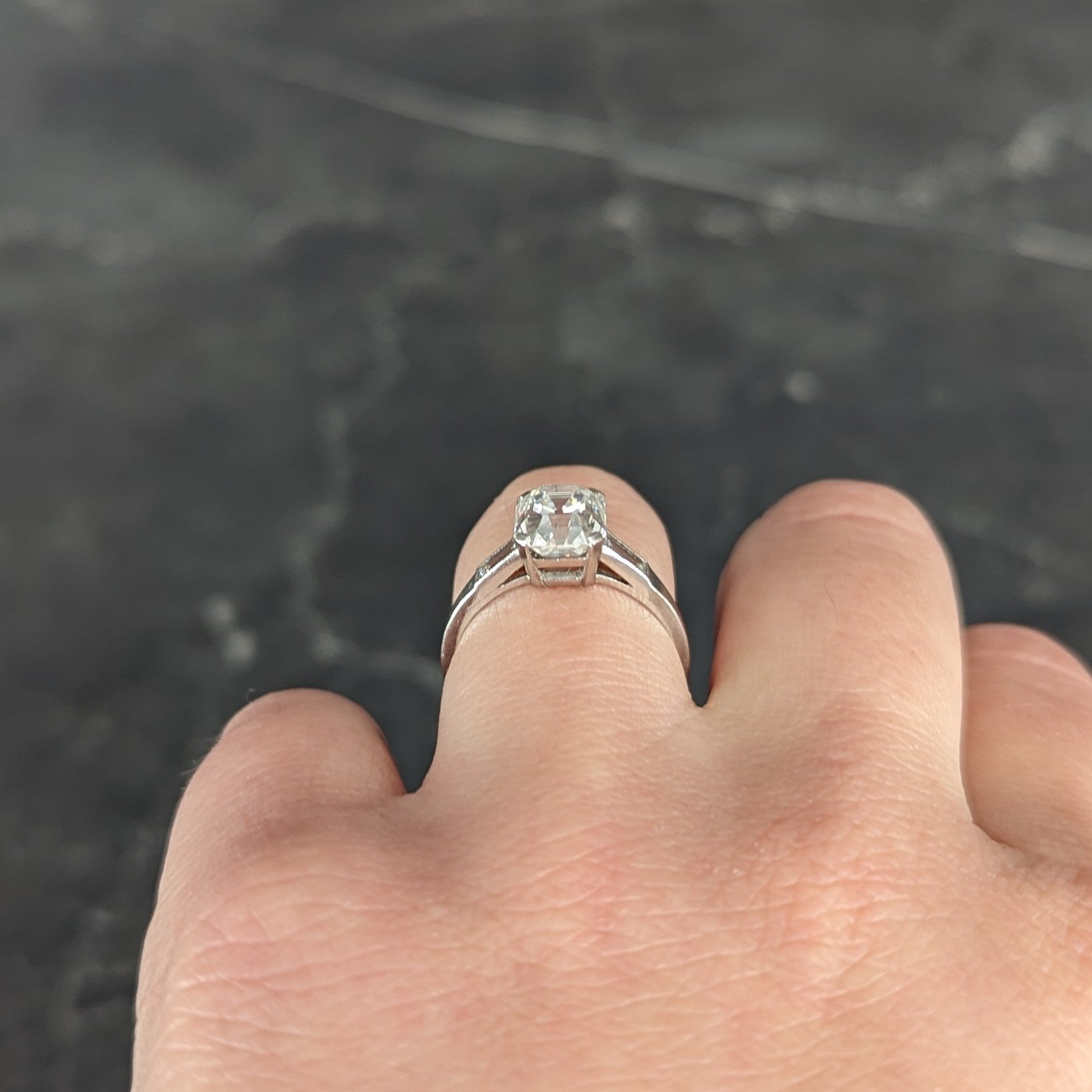 Late Art Deco 2.37 CTW Emerald Cut Diamond Platinum Vintage Engagement Ring Wilson's Estate Jewelry