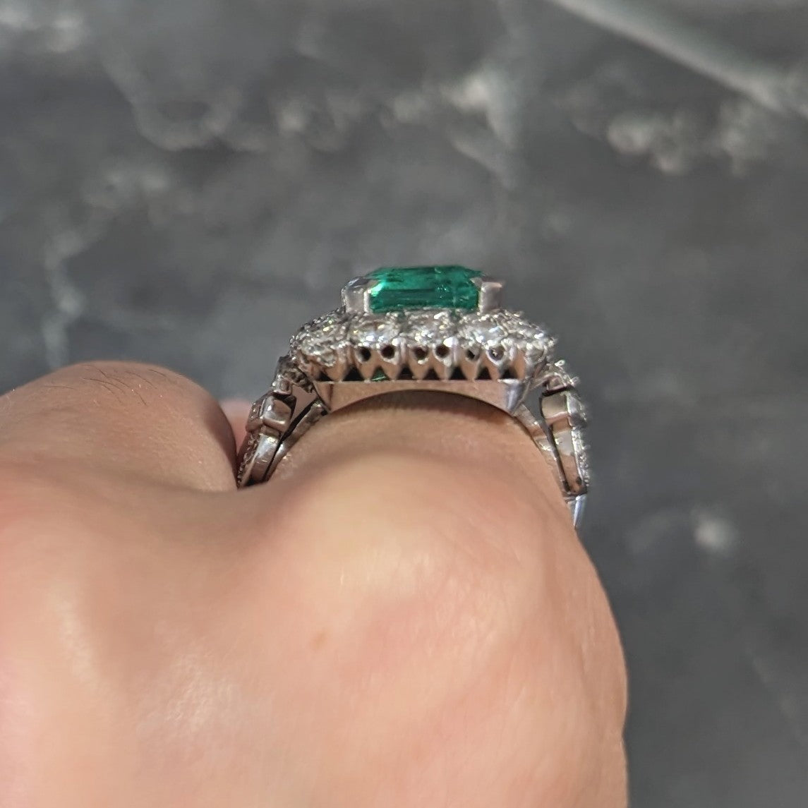 Mid-Century 5.73 CTW Colombian Emerald Transitional Cut Diamond Platinum Vintage Halo Ring GIA Wilson's Estate Jewelry