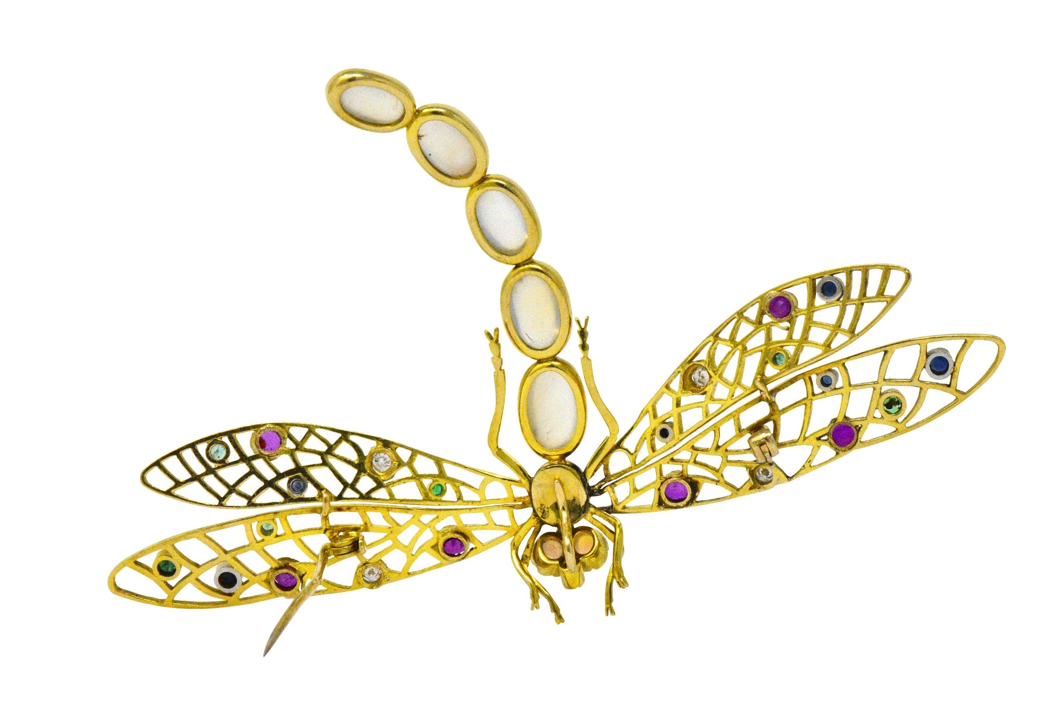 Alluring Large Multi-Gem Diamond Moonstone 18 Karat Gold Dragonfly Brooch Wilson's Estate Jewelry
