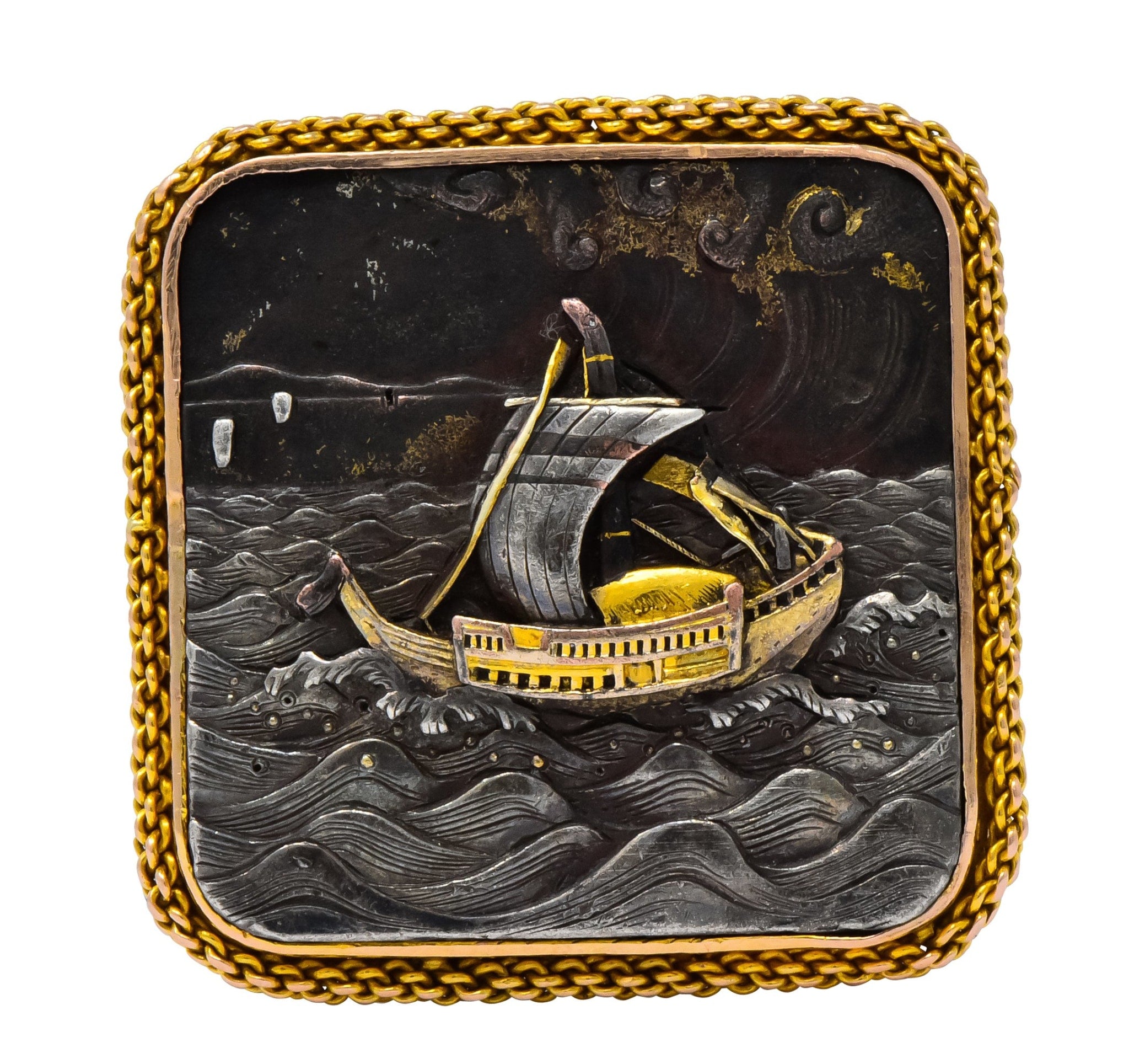 Antique Victorian 14 Karat Gold Copper Shakudō Ocean Ship Ring - Wilson's Estate Jewelry