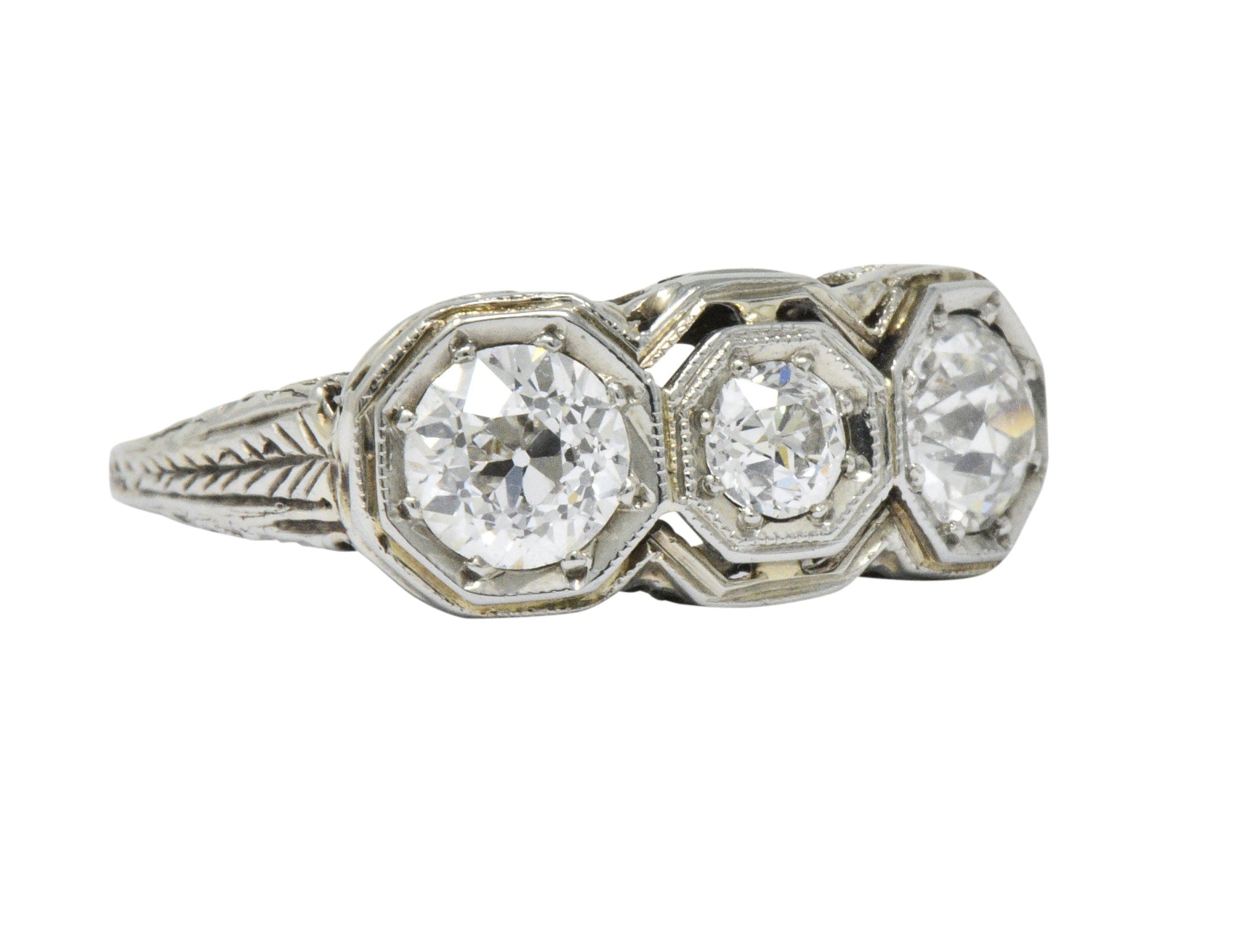 Art Deco 1.20 CTW Diamond 18 Karat White Gold 3 Stone Ring Wilson's Estate Jewelry