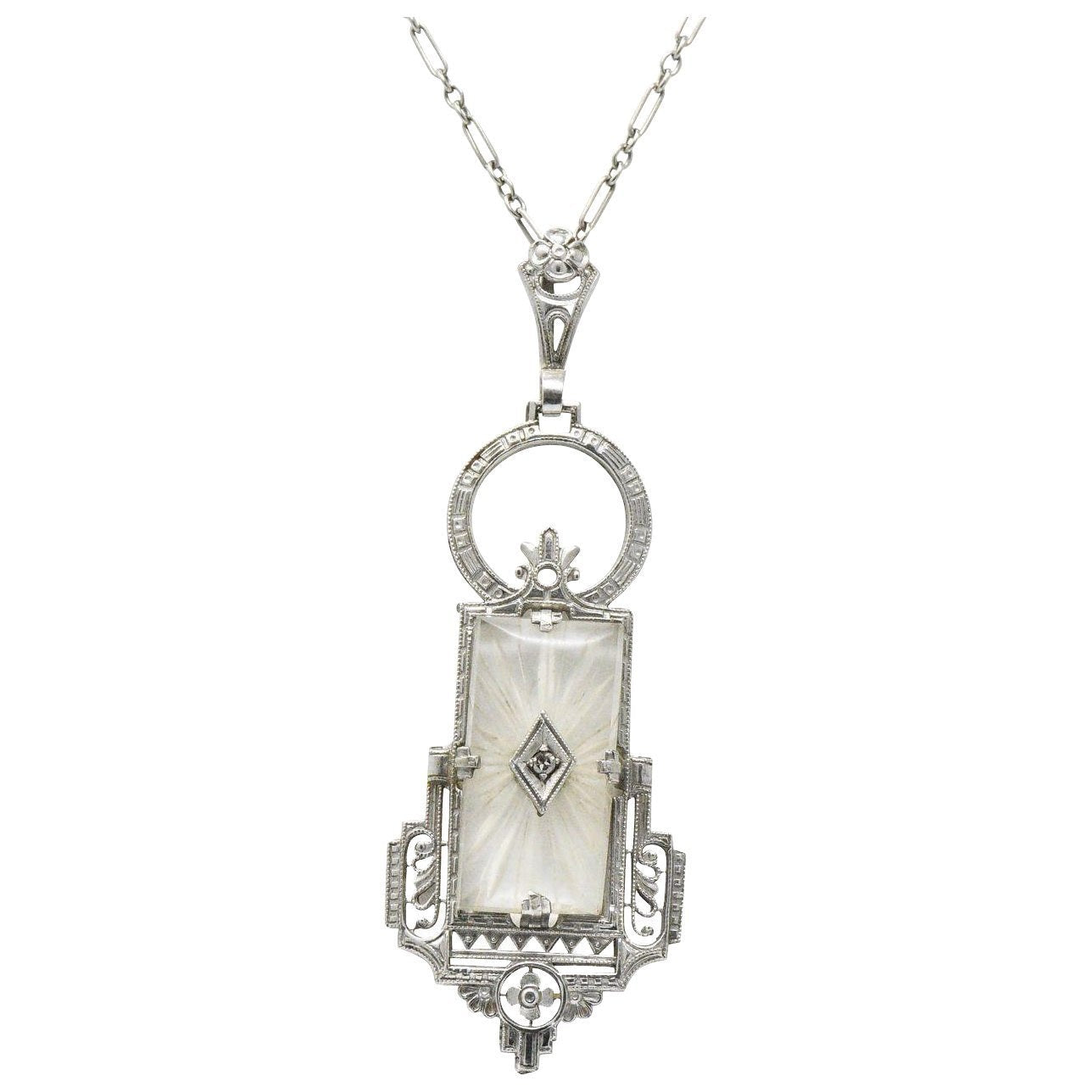 Art Deco Camphor Glass Diamond And 14 Karat White Gold Pendant Necklace Wilson's Estate Jewelry