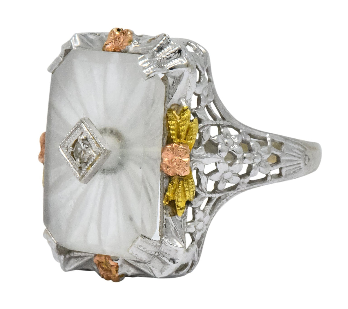 Art Deco Diamond Camphor Glass 14 Karat Tri-Color Gold Dinner Ring - Wilson's Estate Jewelry
