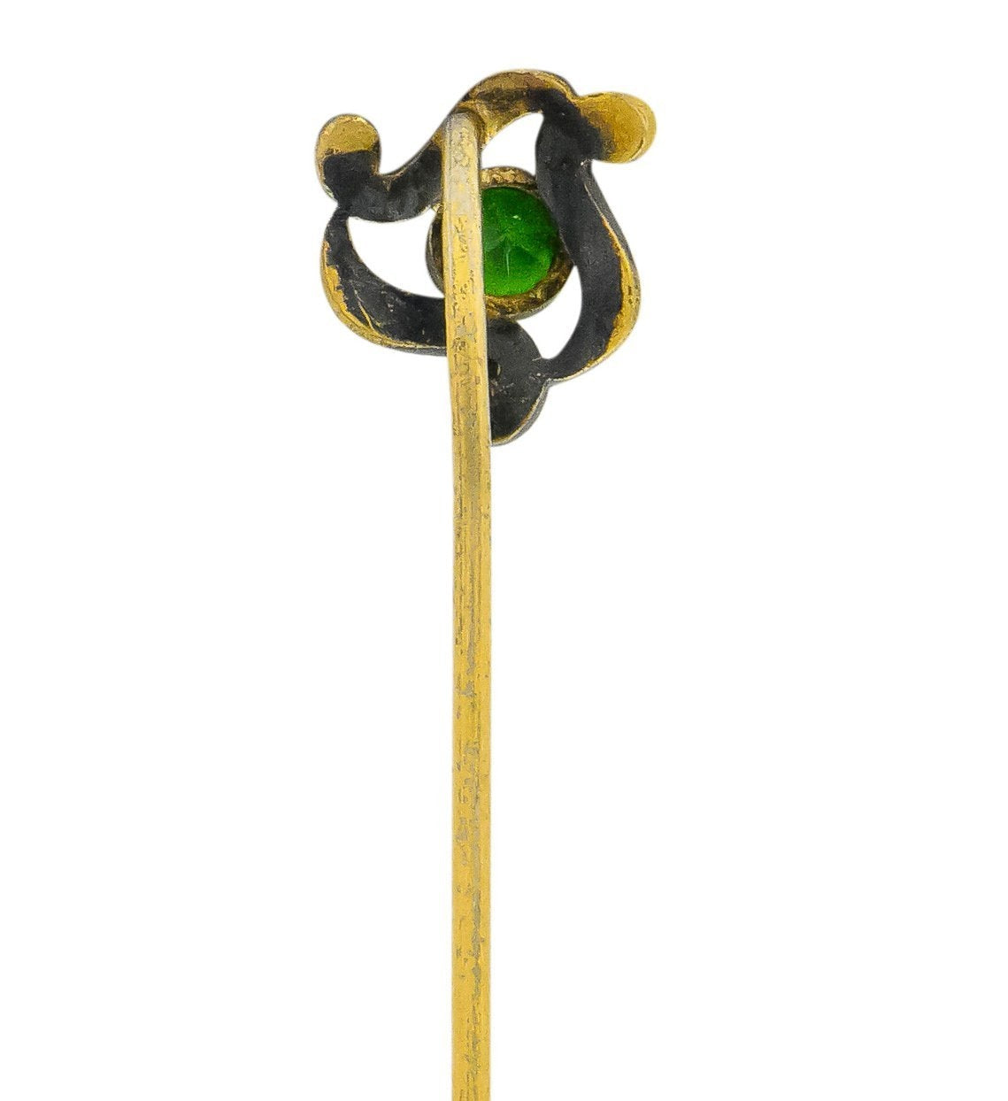 Art Nouveau 0.40 CTW Demantoid Garnet Gold Stylized Whiplash Stickpin - Wilson's Estate Jewelry