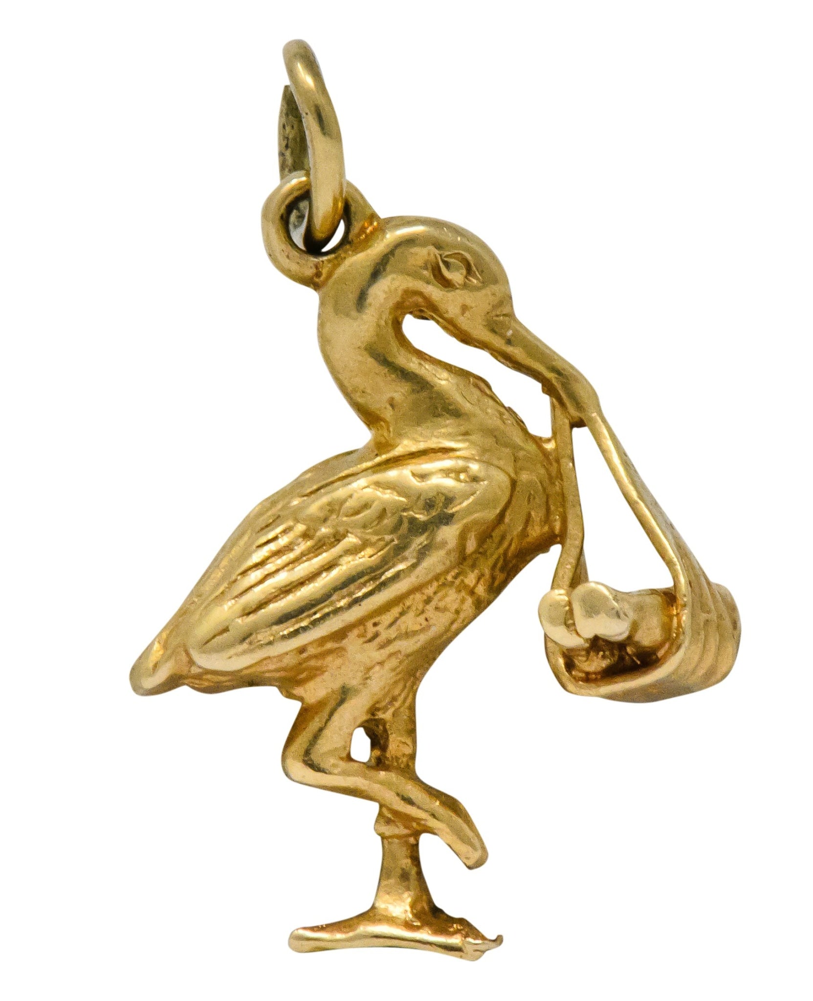 Art Nouveau 14 Karat Gold Stork Delivering Baby Realistic Charm - Wilson's Estate Jewelry