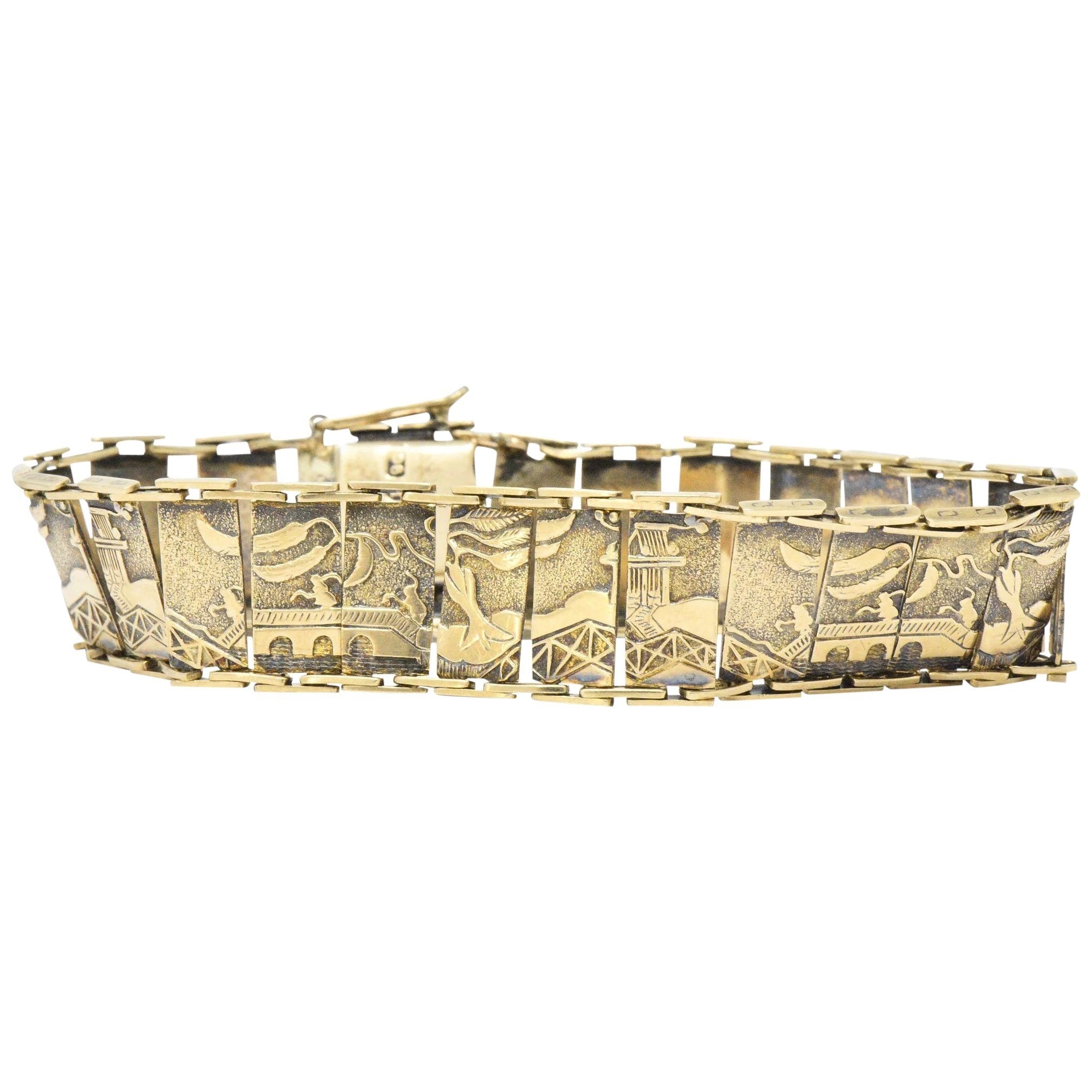 Art Nouveau 9 Karat Gold Asian Scenic Panel Link Bracelet Wilson's Estate Jewelry
