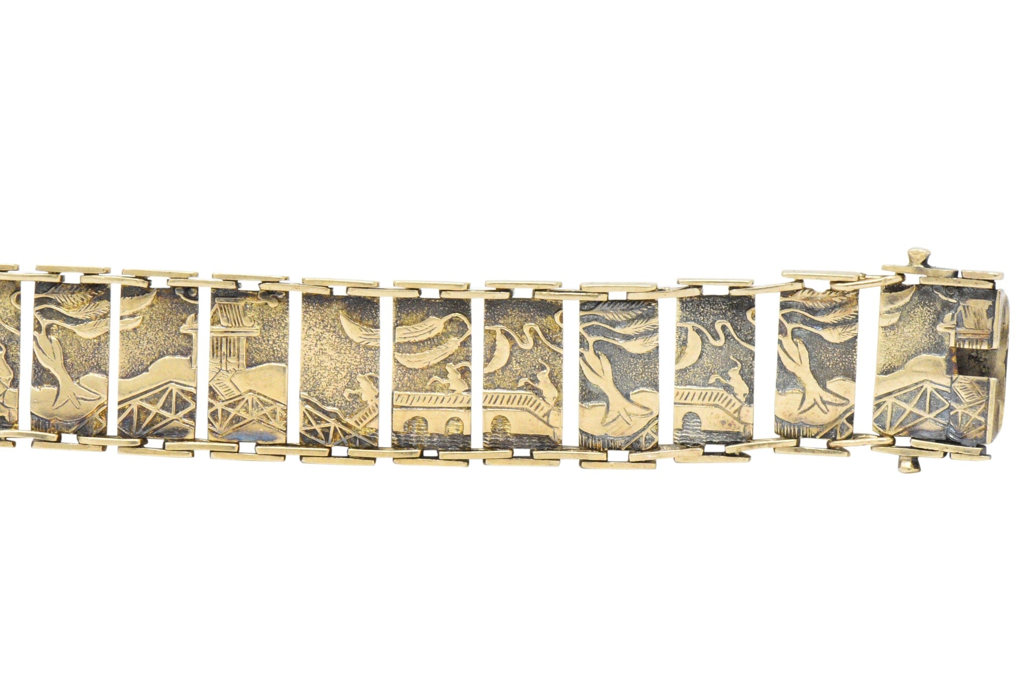Art Nouveau 9 Karat Gold Asian Scenic Panel Link Bracelet Wilson's Estate Jewelry
