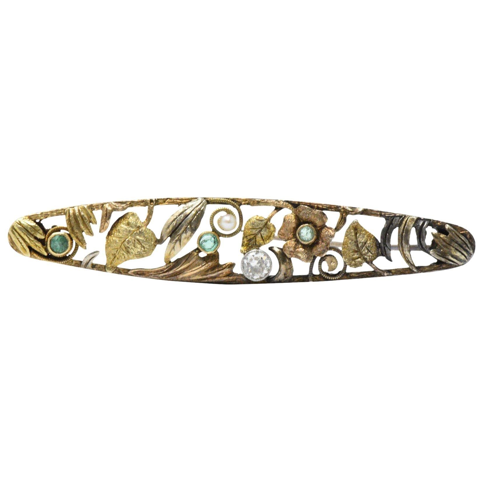 Art Nouveau Diamond, Emerald & Pearl 14K Tri-Color Gold Bar Brooch Wilson's Estate Jewelry
