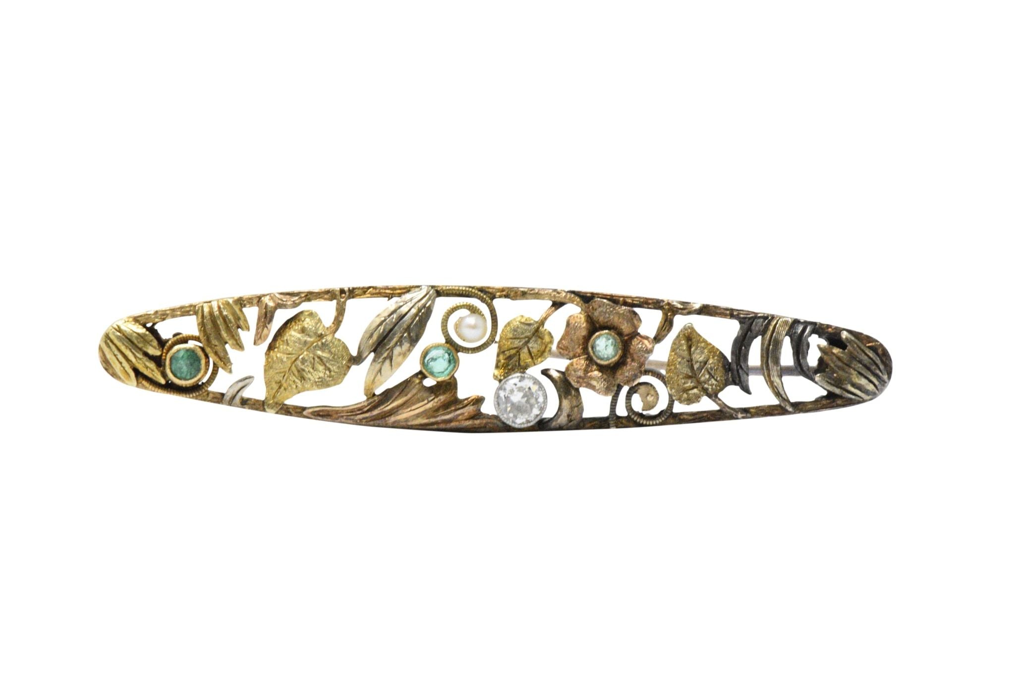 Art Nouveau Diamond, Emerald & Pearl 14K Tri-Color Gold Bar Brooch Wilson's Estate Jewelry