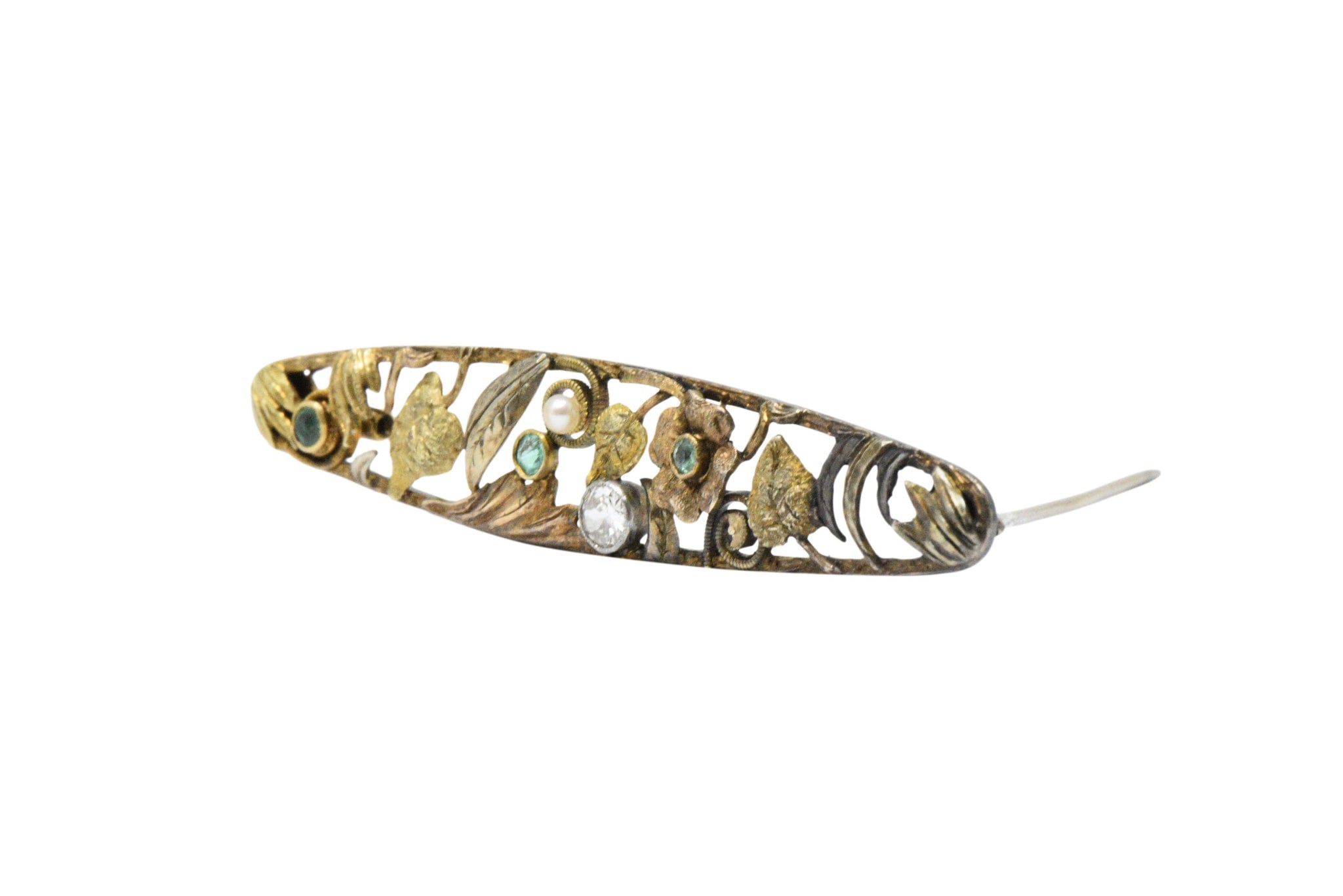 Art Nouveau Diamond, Emerald & Pearl 14K Tri-Color Gold Bar Brooch Wilson's Estate Jewelry