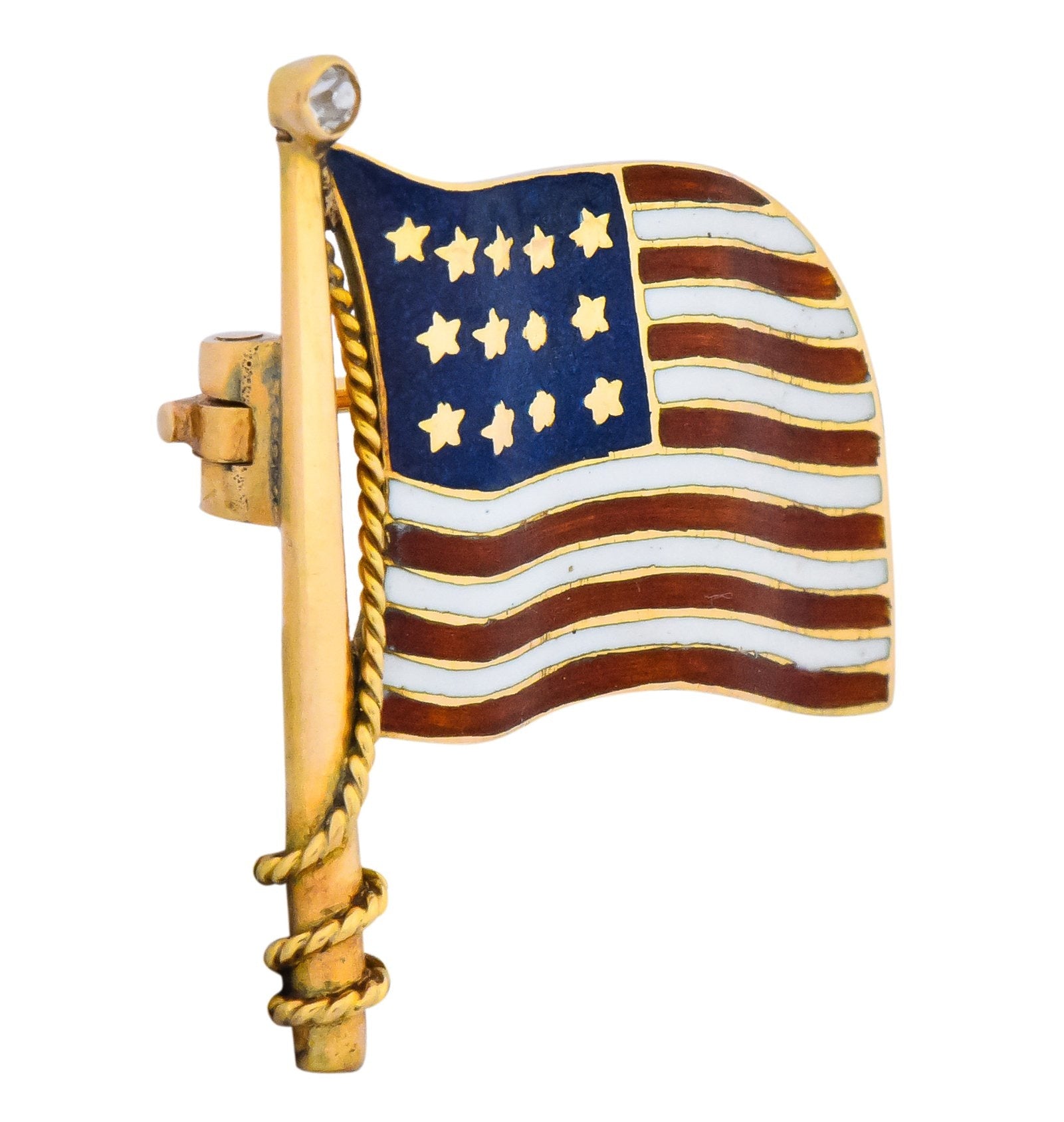 Art Nouveau Diamond Enamel 14 Karat Gold United States Patriotic Flag Pin - Wilson's Estate Jewelry