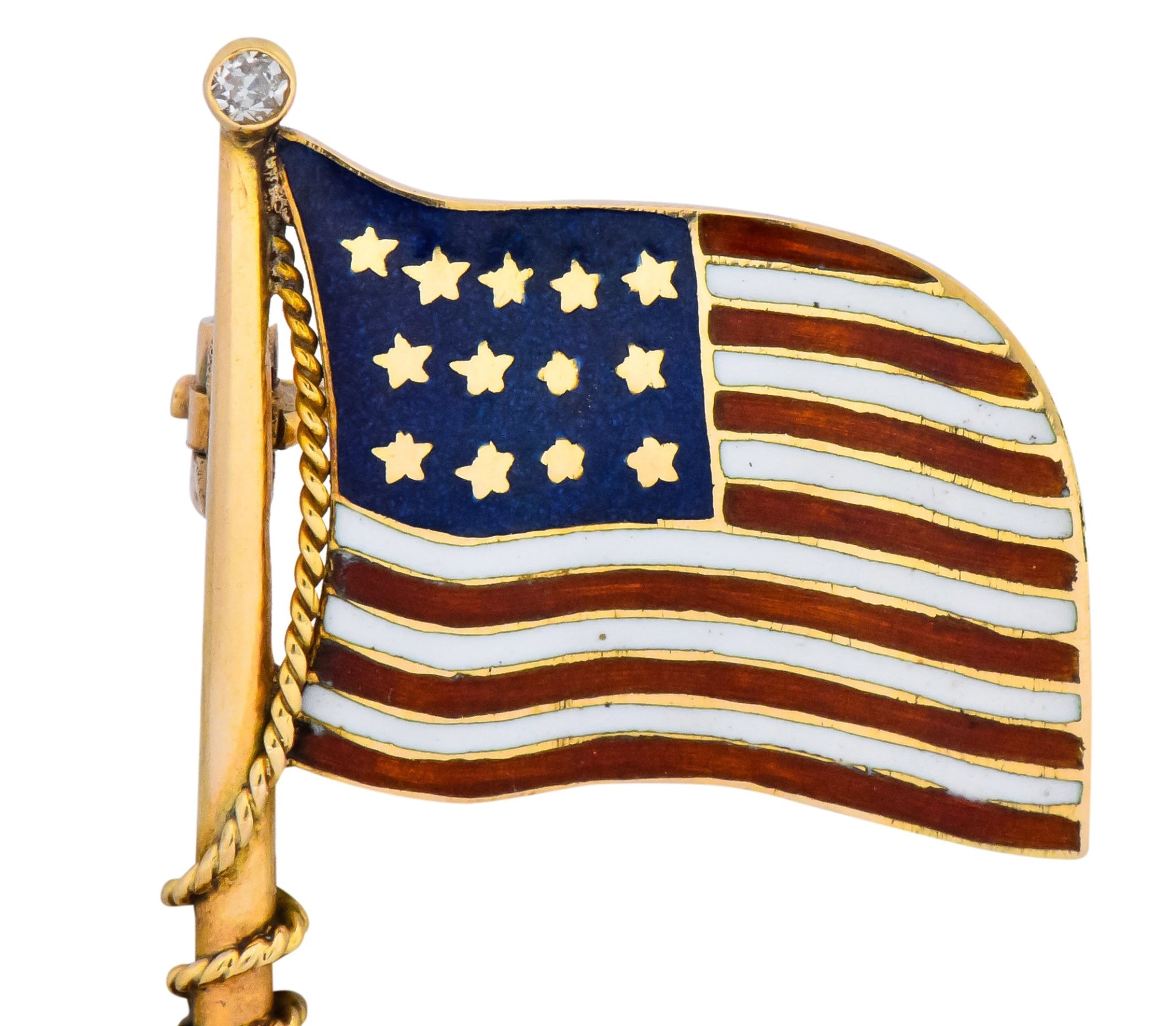 Art Nouveau Diamond Enamel 14 Karat Gold United States Patriotic Flag Pin - Wilson's Estate Jewelry