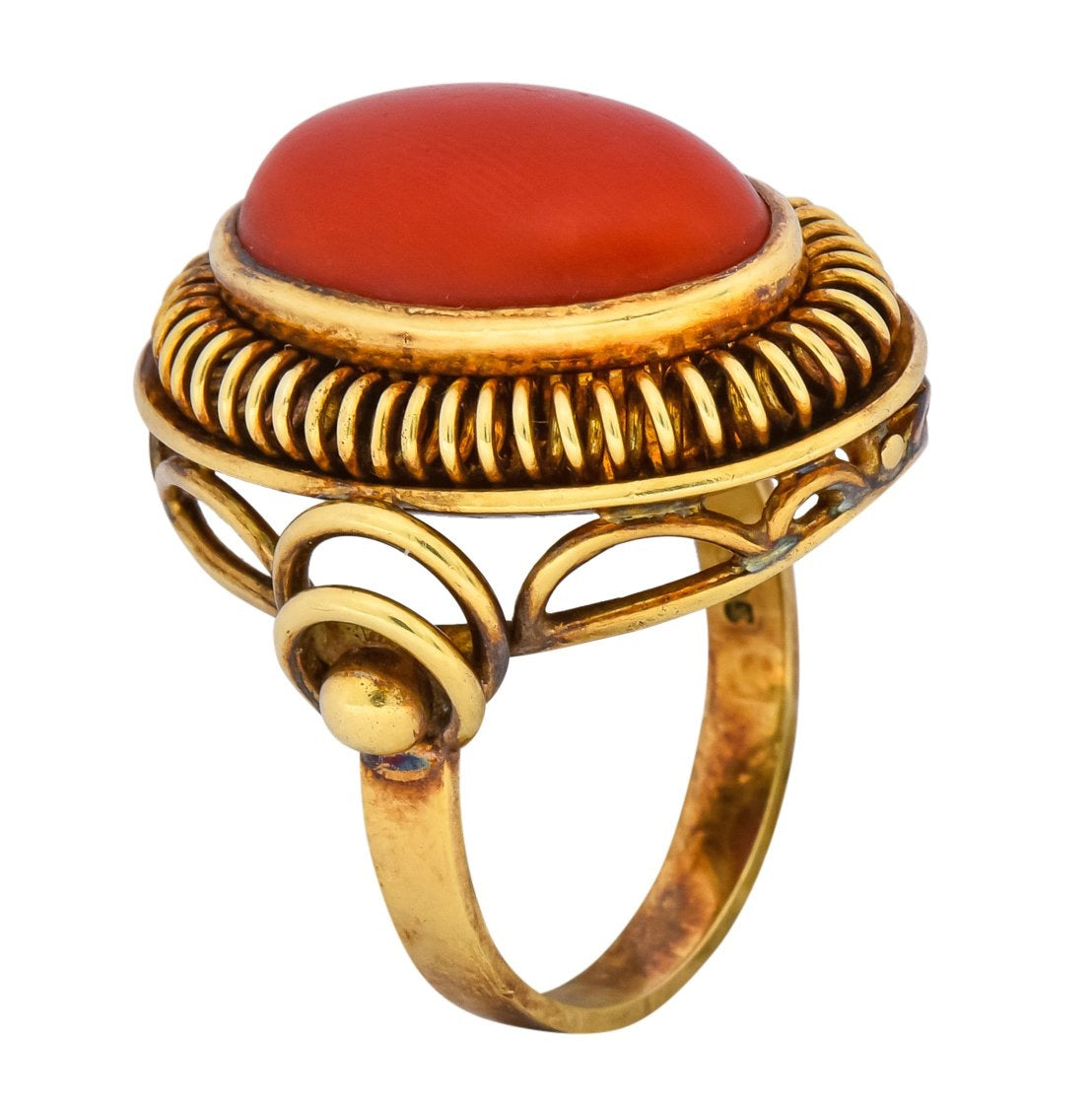 Arts & Crafts Coral Cabochon 14 Karat Gold Statement Ring - Wilson's Estate Jewelry