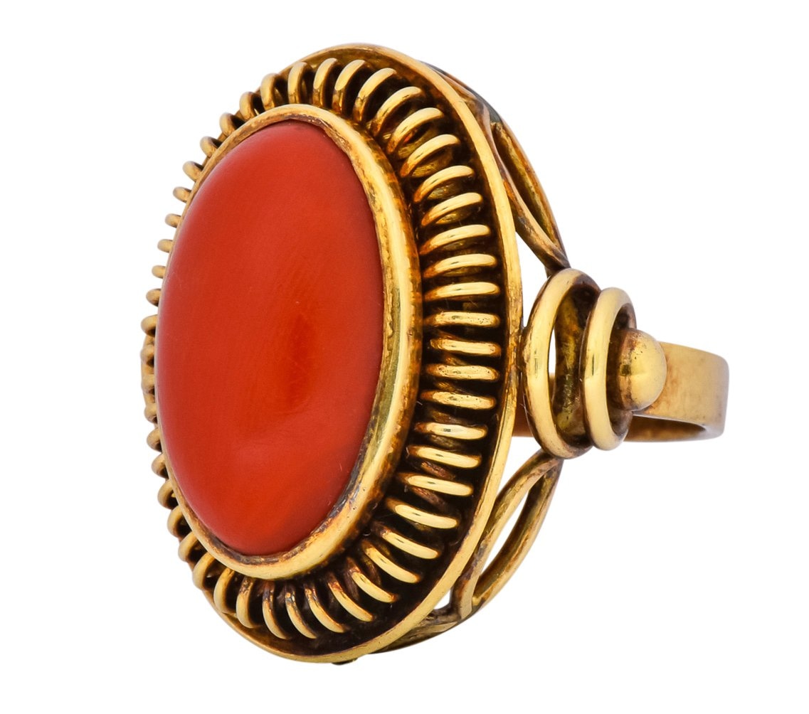 Arts & Crafts Coral Cabochon 14 Karat Gold Statement Ring - Wilson's Estate Jewelry