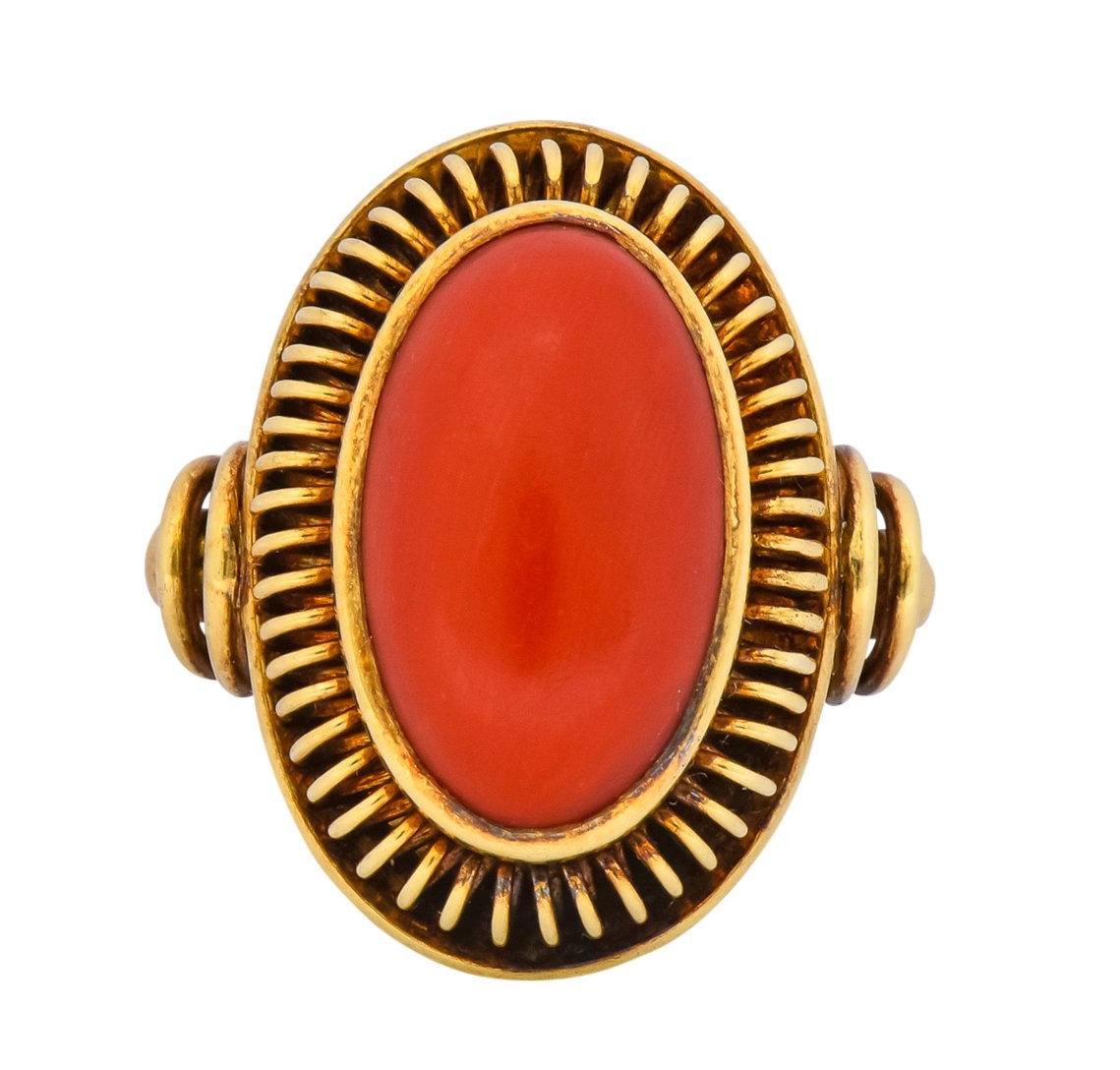 Arts & Crafts Coral Cabochon 14 Karat Gold Statement Ring - Wilson's Estate Jewelry