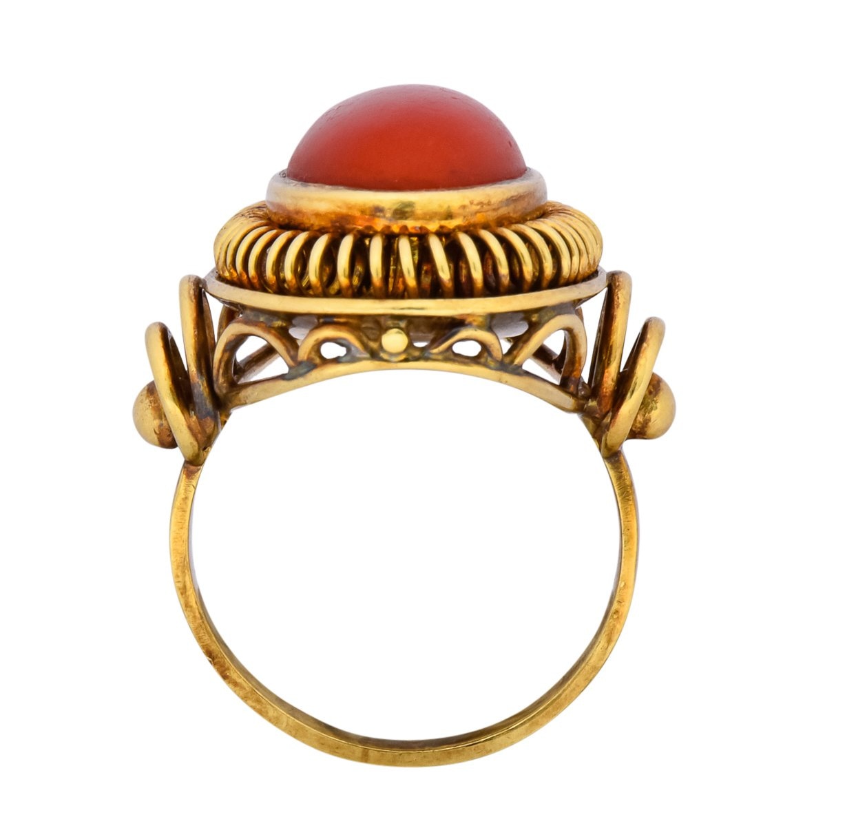 Arts & Crafts Coral Cabochon 14 Karat Gold Statement Ring - Wilson's Estate Jewelry