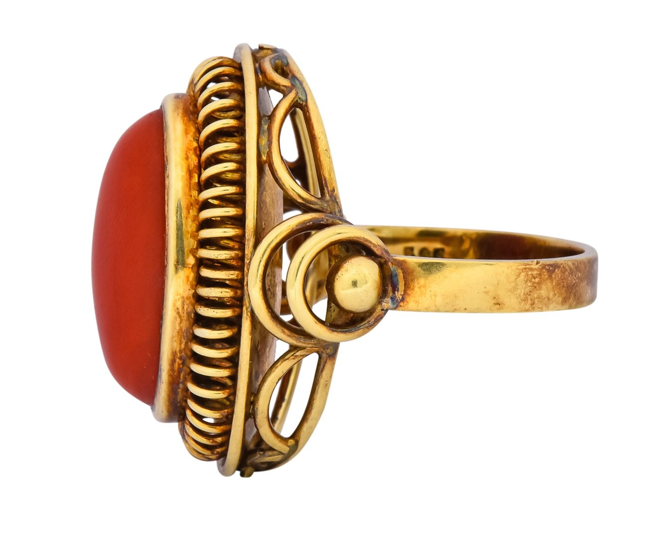 Arts & Crafts Coral Cabochon 14 Karat Gold Statement Ring - Wilson's Estate Jewelry