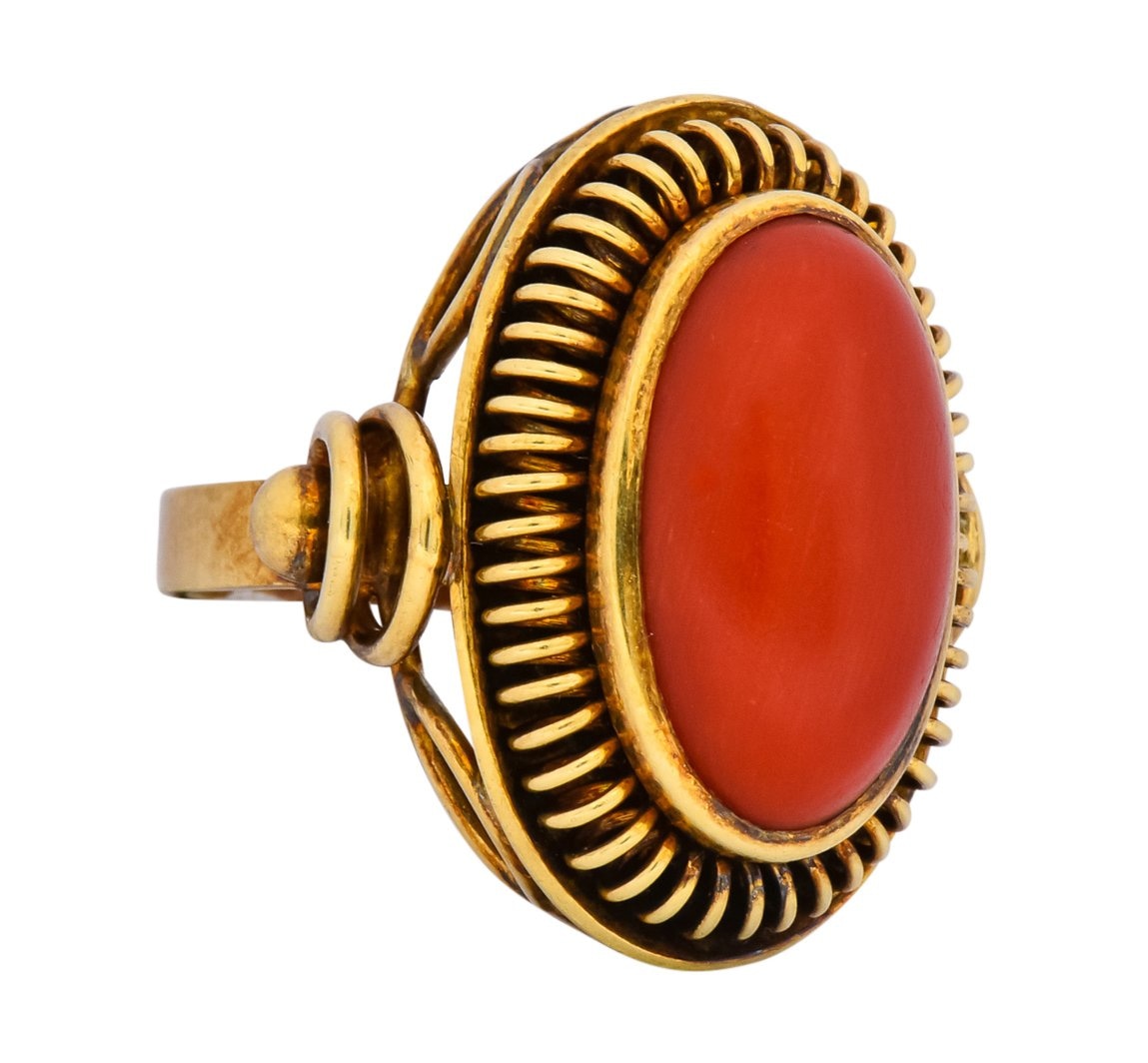 Arts & Crafts Coral Cabochon 14 Karat Gold Statement Ring - Wilson's Estate Jewelry