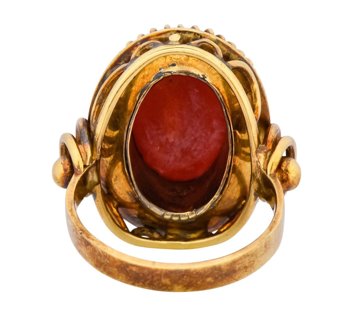 Arts & Crafts Coral Cabochon 14 Karat Gold Statement Ring - Wilson's Estate Jewelry
