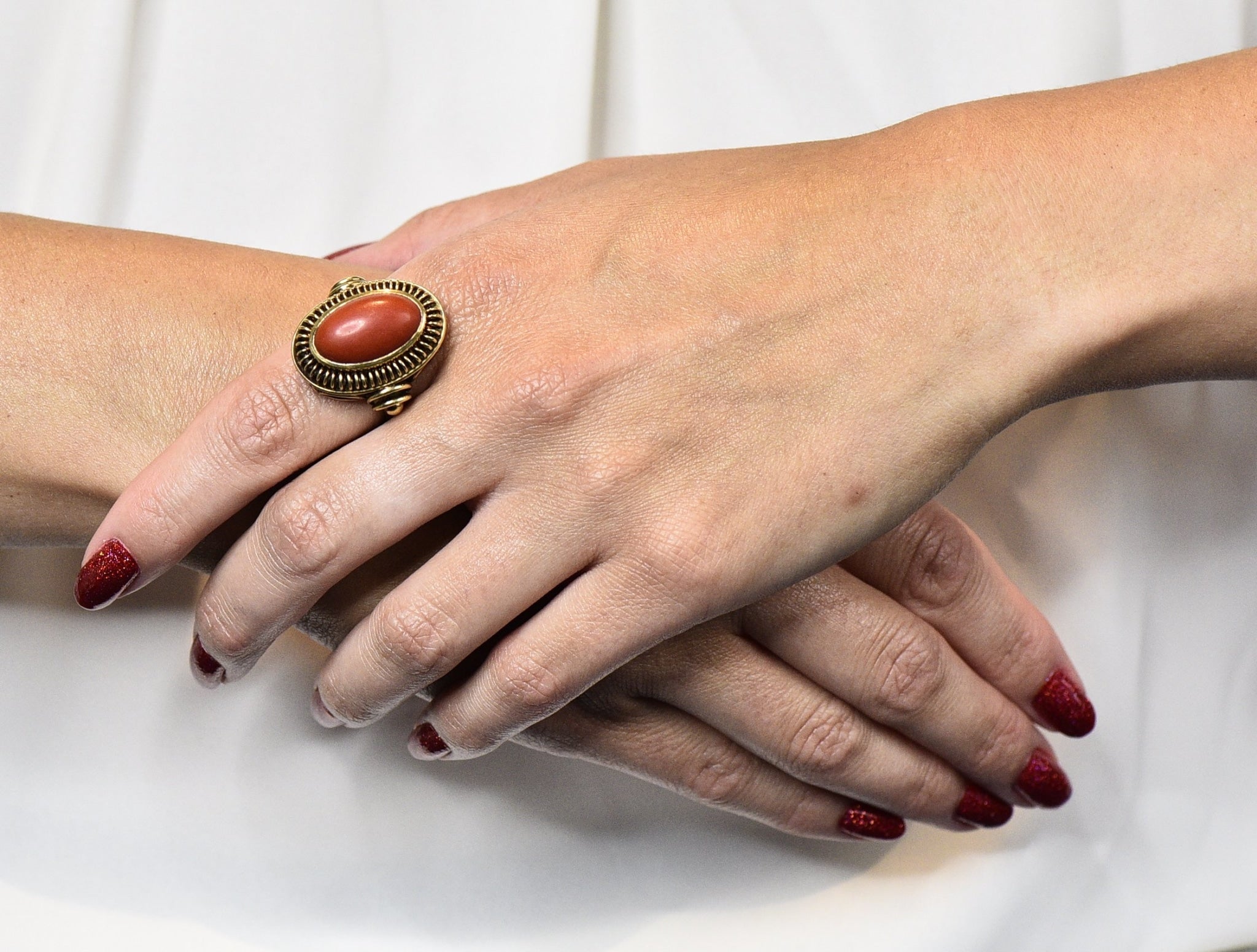Arts & Crafts Coral Cabochon 14 Karat Gold Statement Ring - Wilson's Estate Jewelry