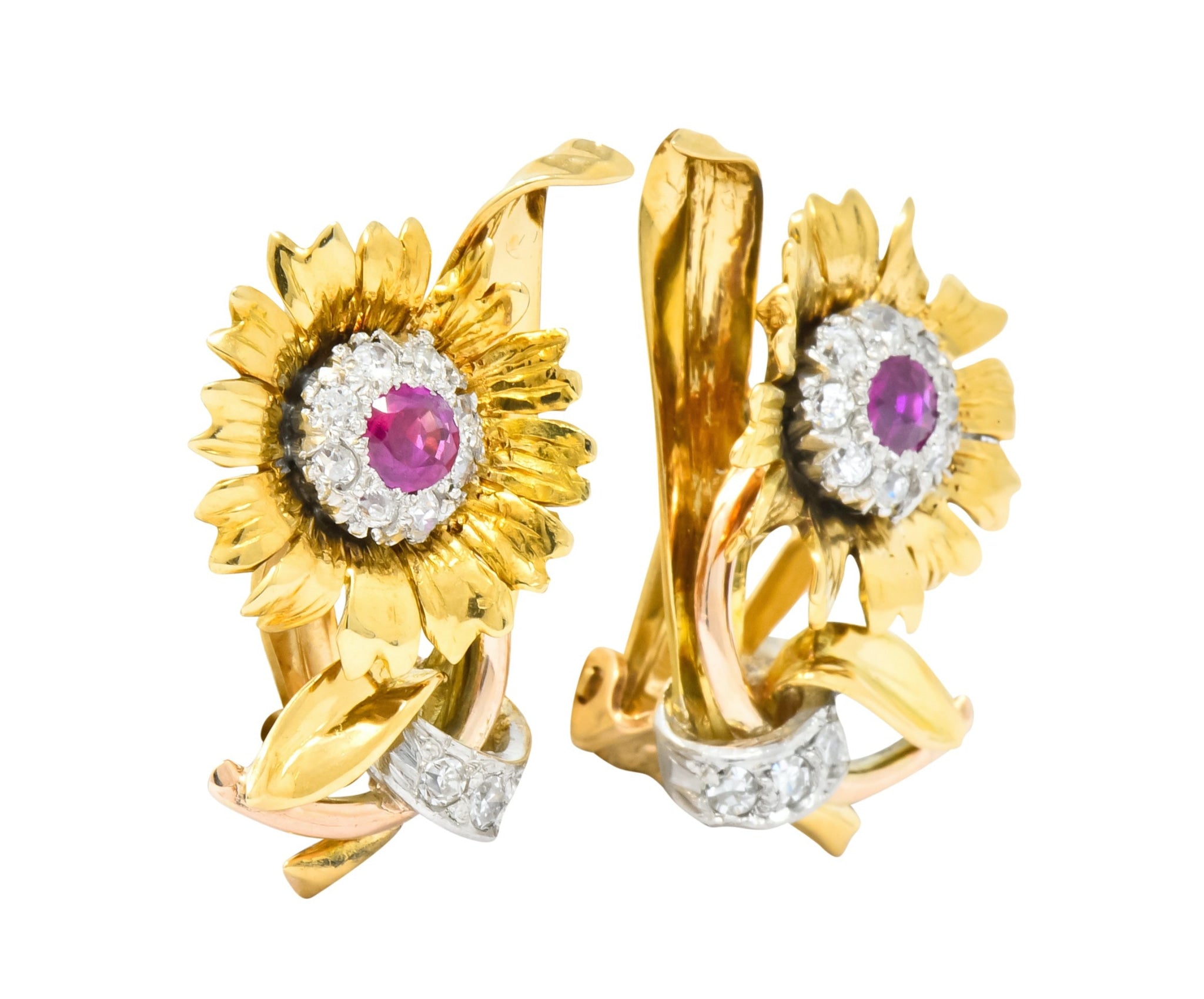 Bernard Weber Retro 1.13 CTW Ruby Diamond Platinum-Topped Flower Ear-Clip Earrings - Wilson's Estate Jewelry