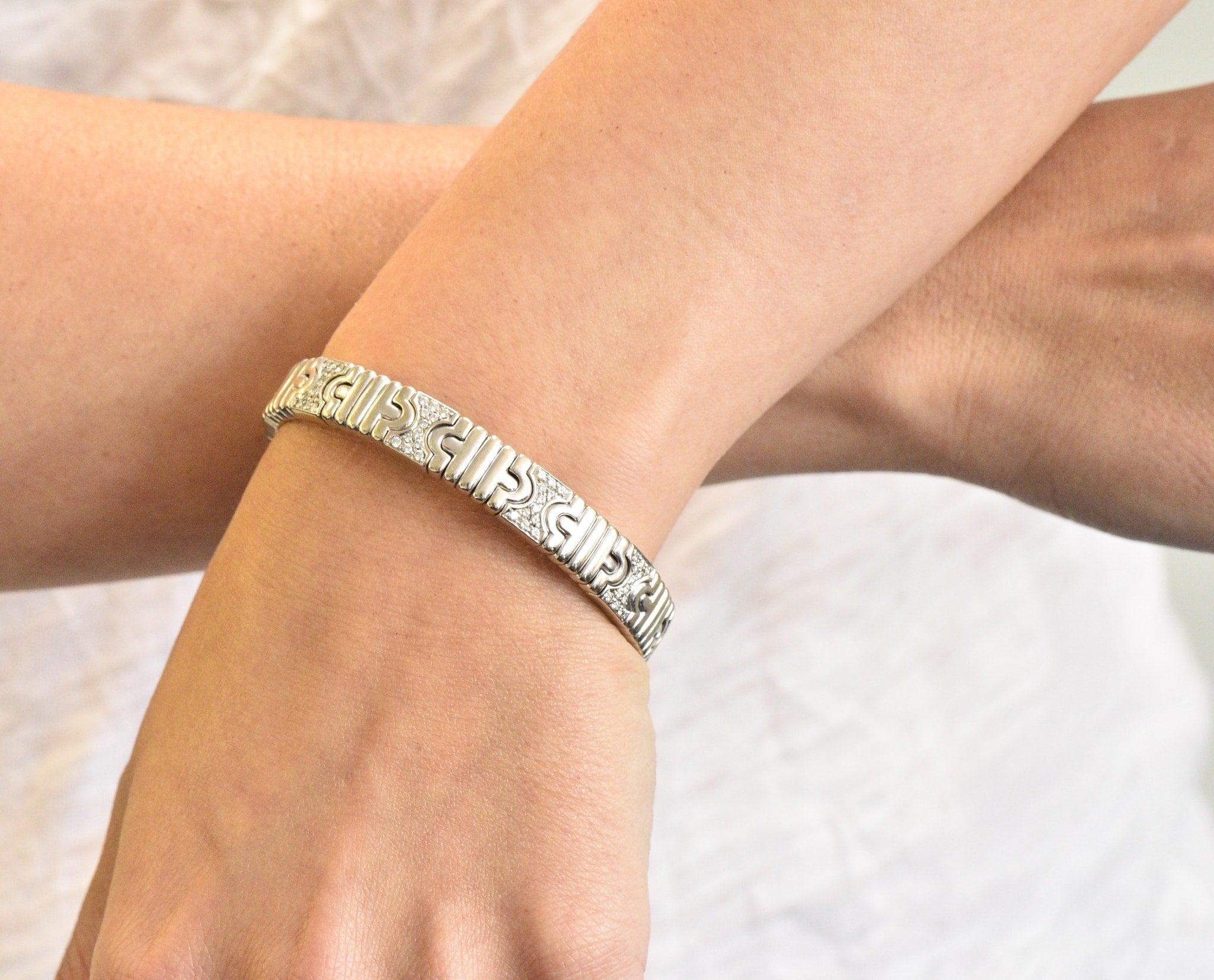 Bulgari Contemporary 1.20 CTW Diamond 18 Karat White Gold Parentesi Cuff Bracelet Wilson's Estate Jewelry