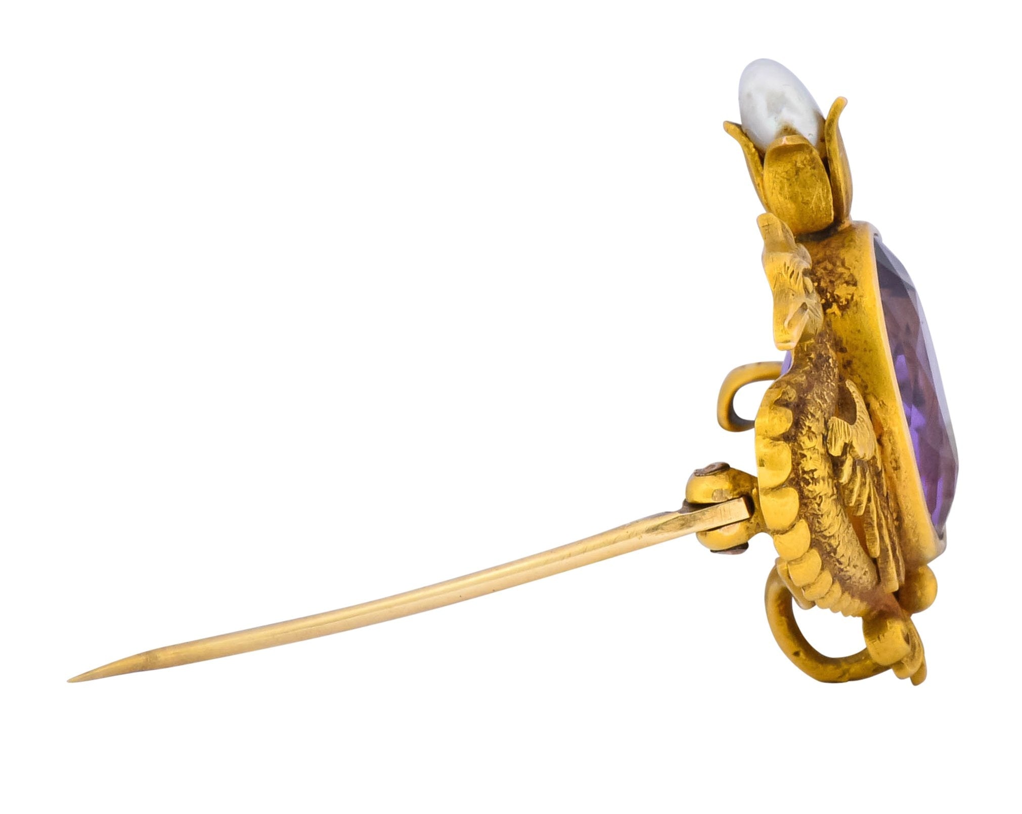 Carter & Gough Art Nouveau Amethyst Pearl 14 Karat Gold Winged Basilisk Brooch Circa 1900 - Wilson's Estate Jewelry