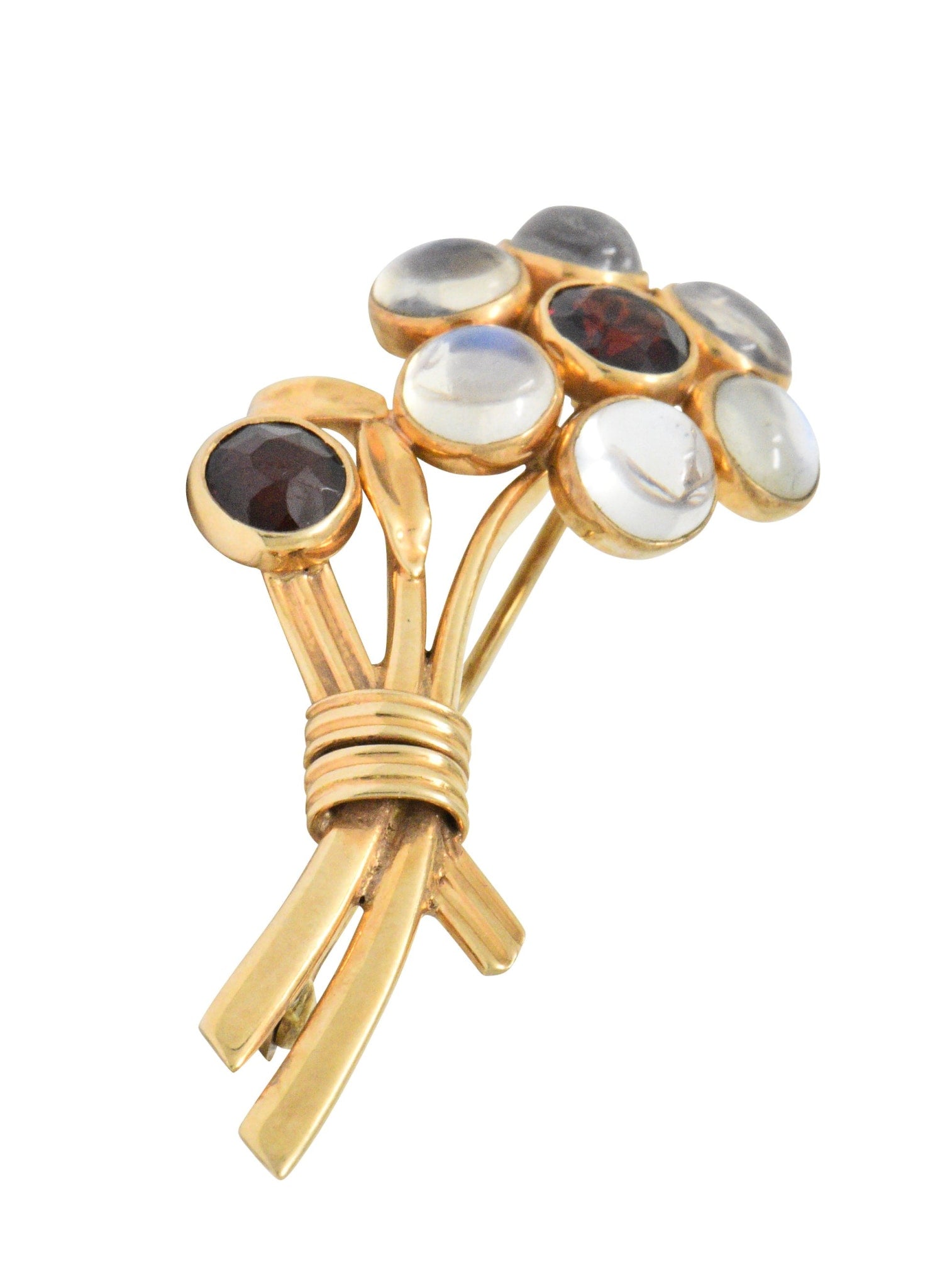 Church & Company 1.50 CTW Garnet Moonstone 14 Karat Rose Gold Flower Brooch Wilson's Estate Jewelry