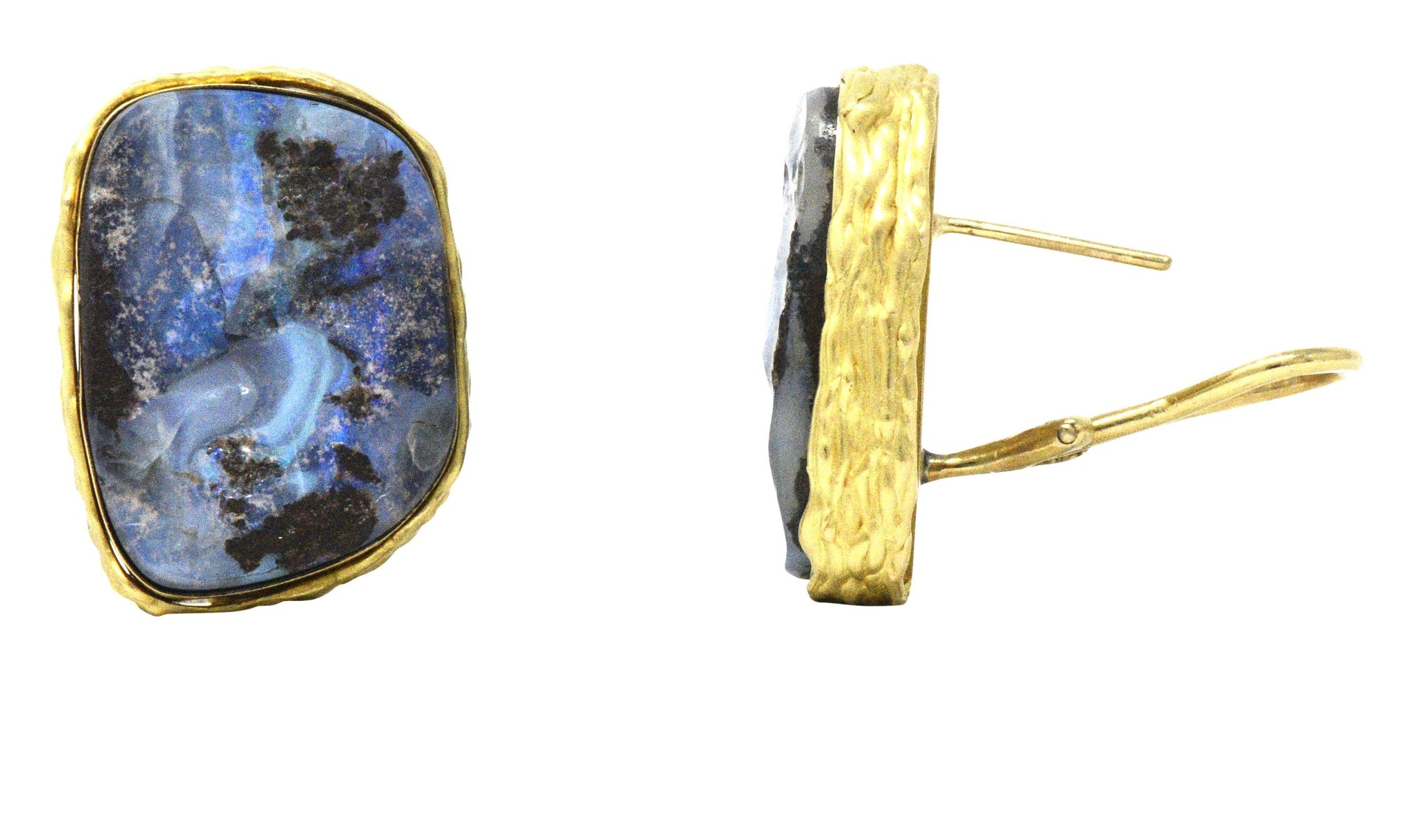 Contemporary 1980’s Bolder Opal 18 Karat Gold Earrings Wilson's Estate Jewelry