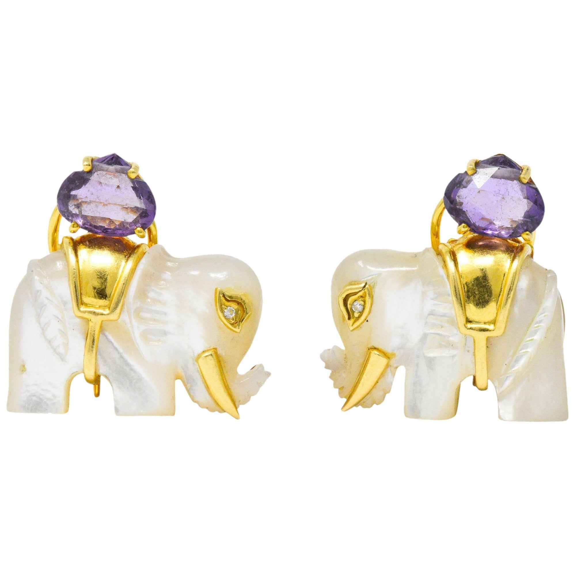 Contemporary Mother-Of-Pearl Amethyst Diamond 18 Karat Gold Elephant Earrings Wilson's Estate Jewelry