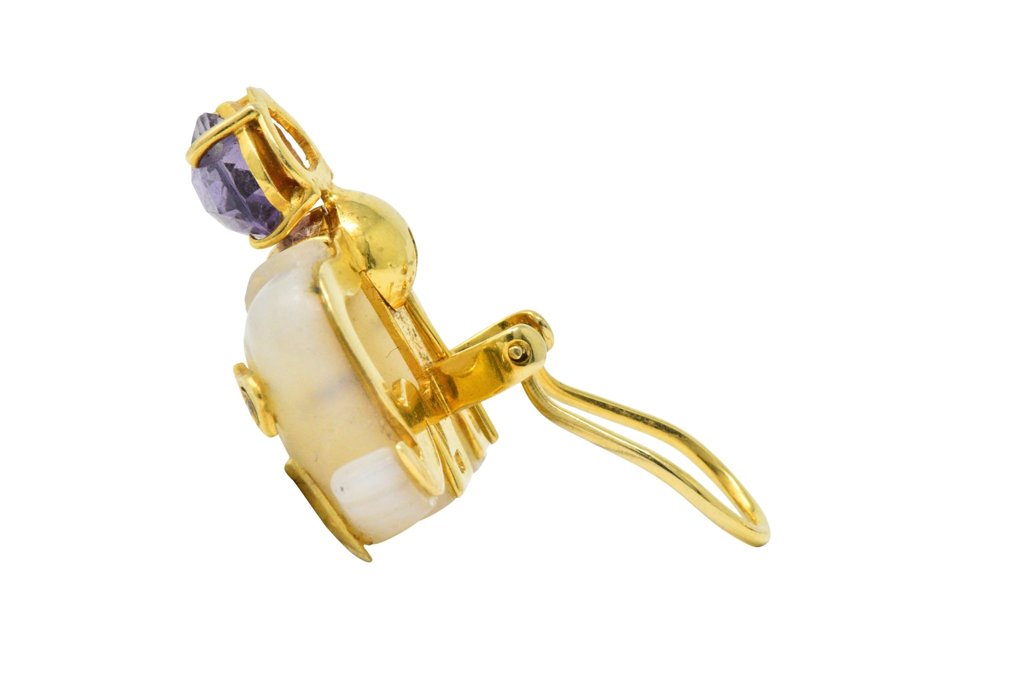 Contemporary Mother-Of-Pearl Amethyst Diamond 18 Karat Gold Elephant Earrings Wilson's Estate Jewelry