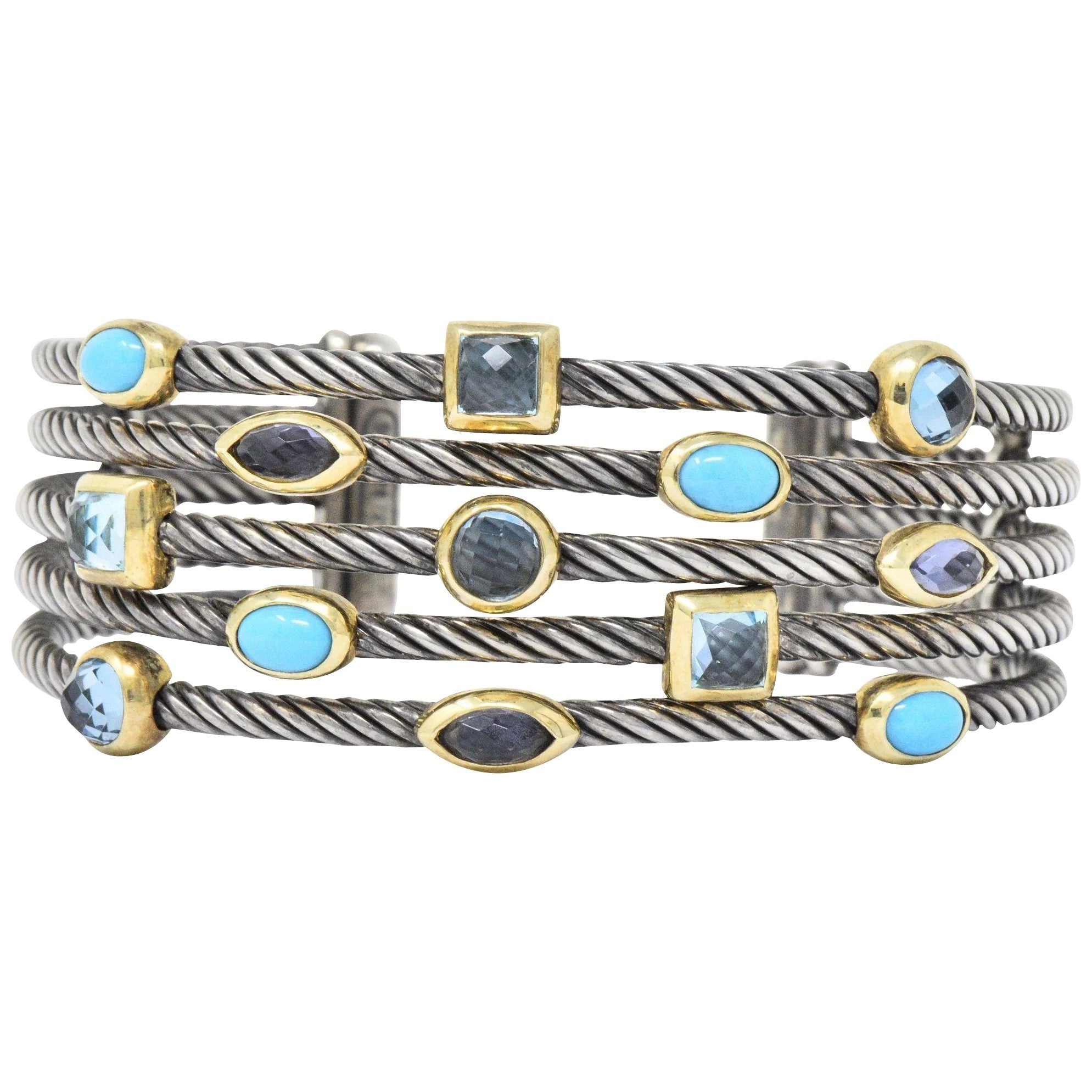 David Yurman Turquoise Blue Topaz Iolite Sterling Silver 18 Karat Gold Confetti Cuff Bracelet Wilson's Estate Jewelry