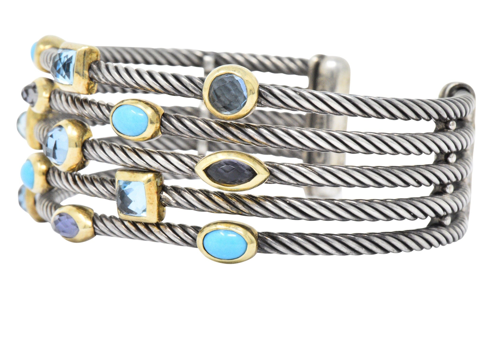 David Yurman Turquoise Blue Topaz Iolite Sterling Silver 18 Karat Gold Confetti Cuff Bracelet Wilson's Estate Jewelry