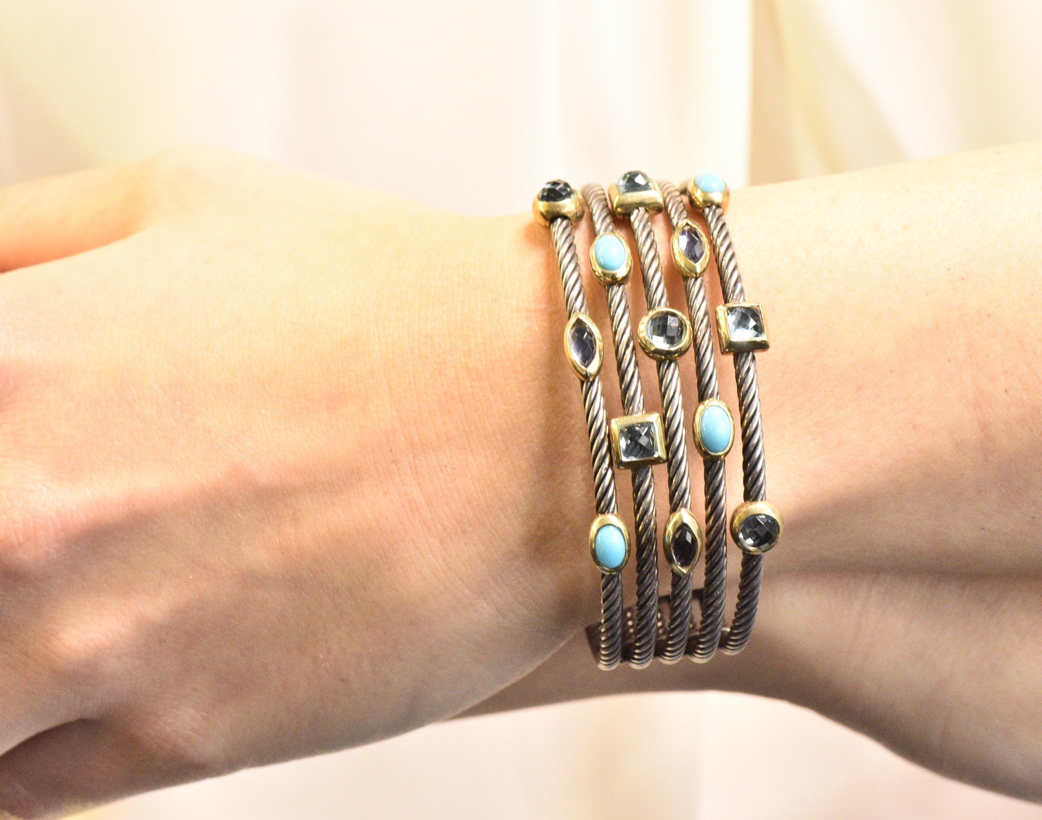 David Yurman Turquoise Blue Topaz Iolite Sterling Silver 18 Karat Gold Confetti Cuff Bracelet Wilson's Estate Jewelry