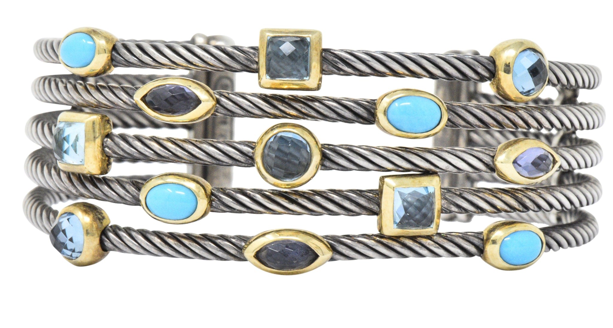 David Yurman Turquoise Blue Topaz Iolite Sterling Silver 18 Karat Gold Confetti Cuff Bracelet Wilson's Estate Jewelry