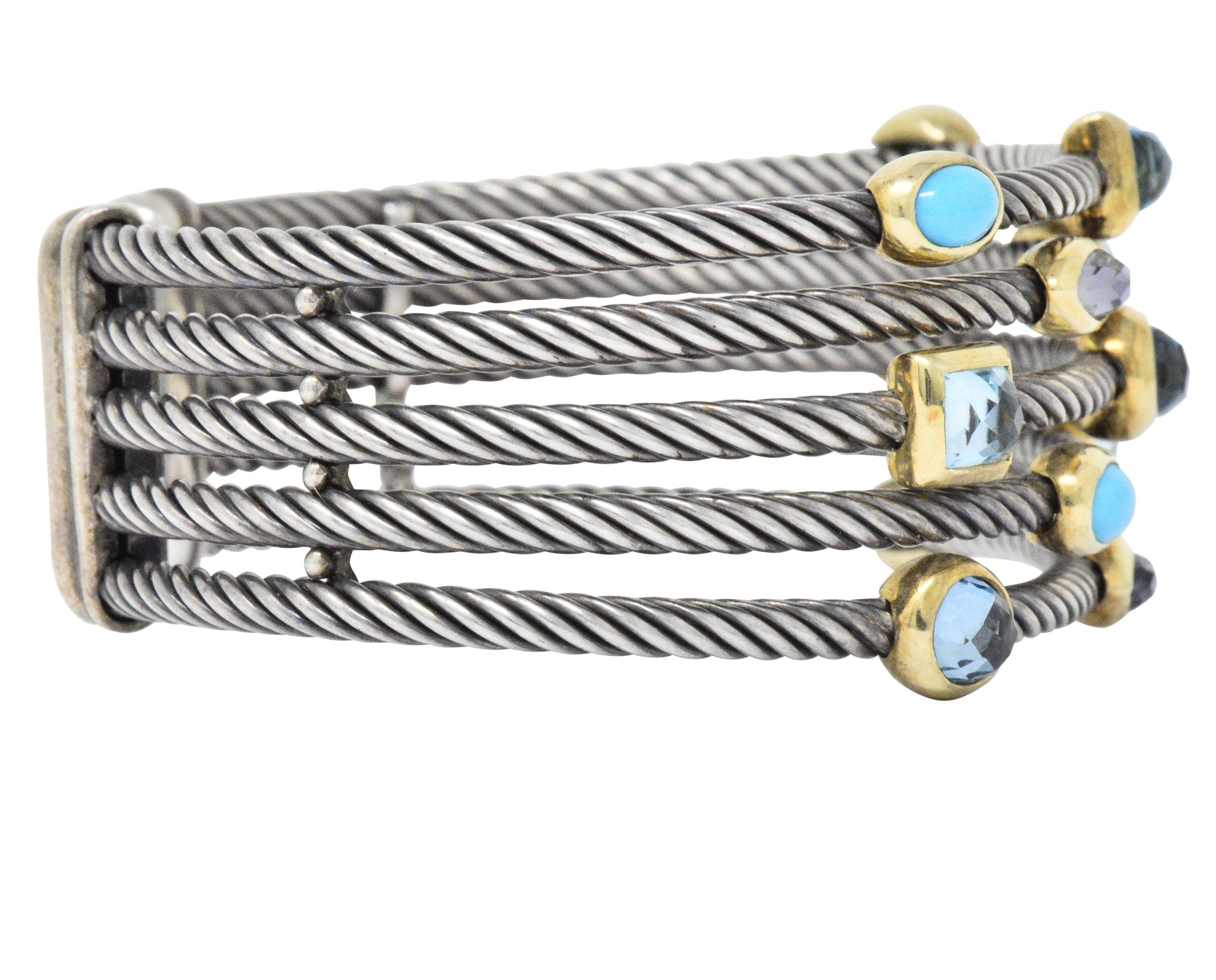 David Yurman Turquoise Blue Topaz Iolite Sterling Silver 18 Karat Gold Confetti Cuff Bracelet Wilson's Estate Jewelry