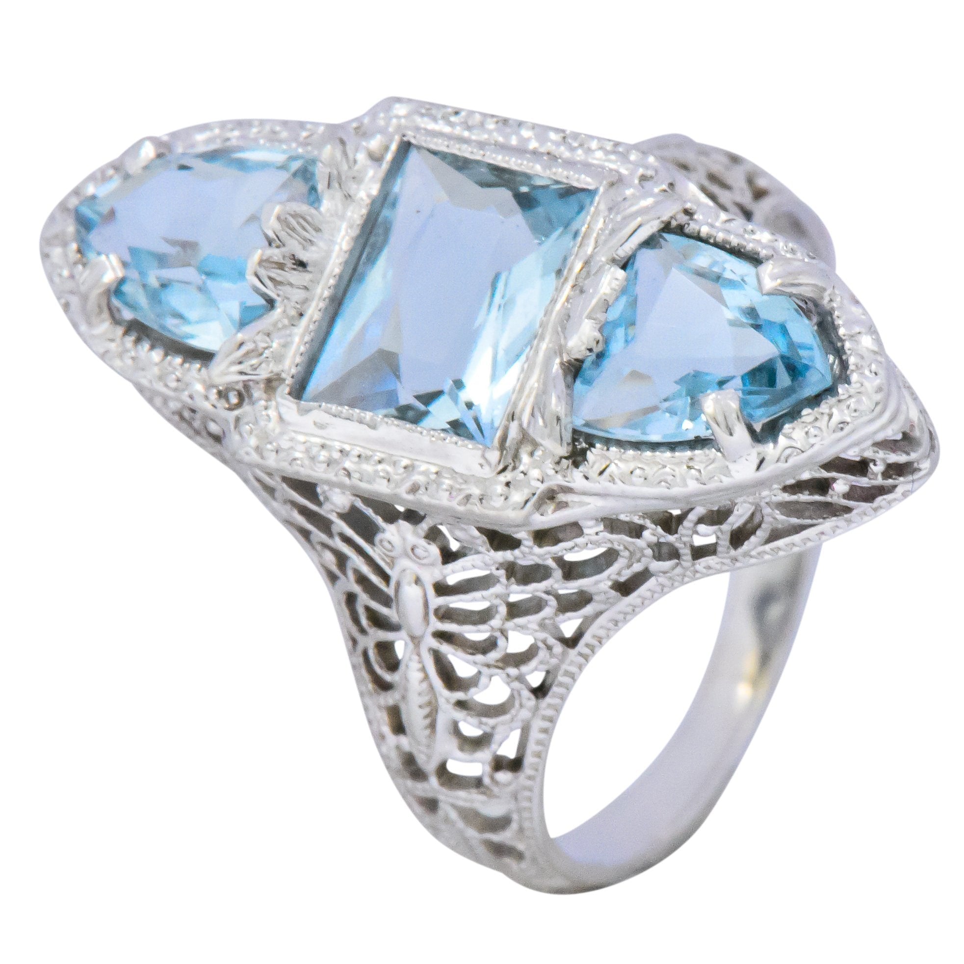 Edwardian 1.75 CTW Aquamarine Dragonfly 14 Karat White Gold Cocktail Ring Wilson's Estate Jewelry