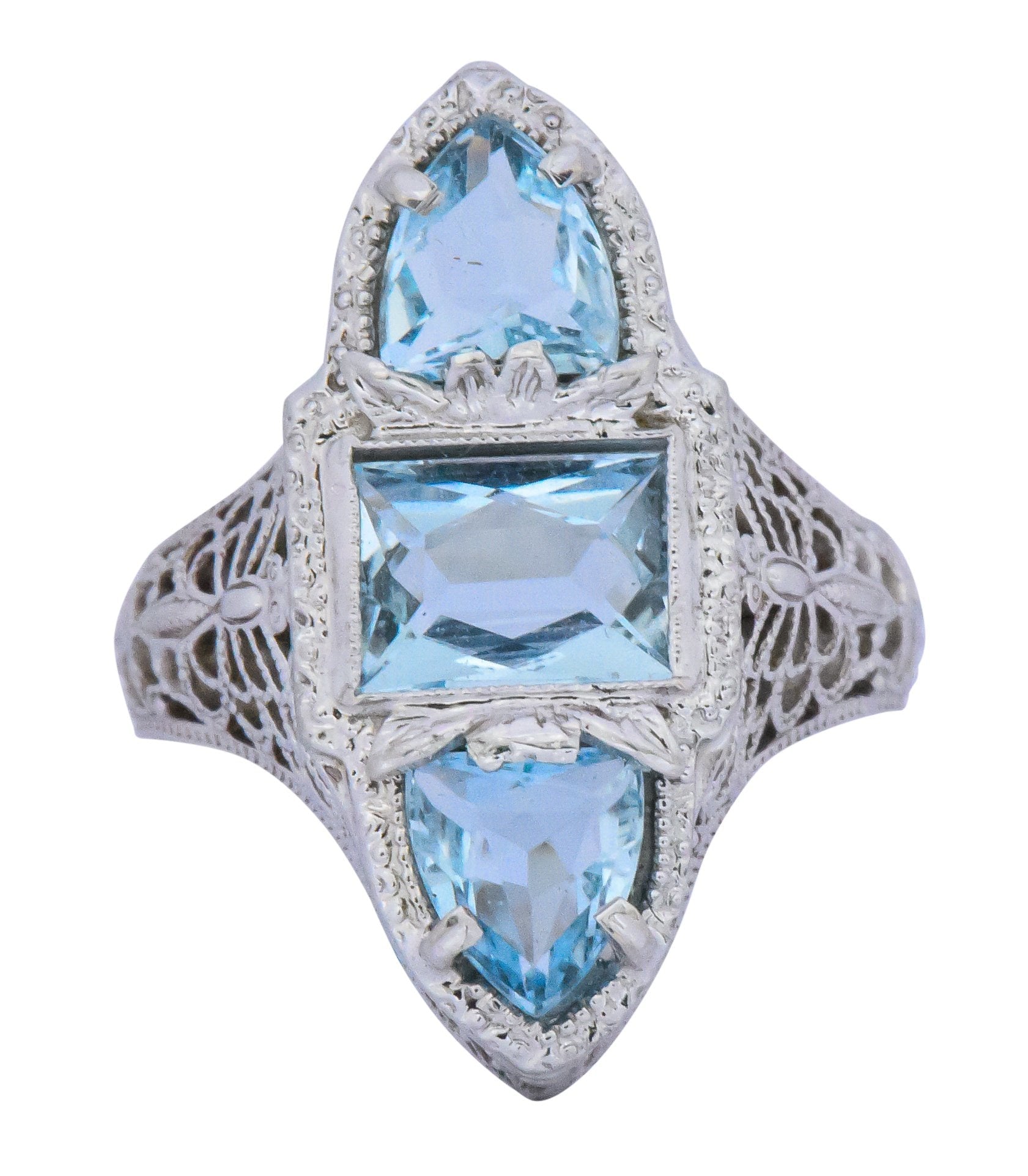 Edwardian 1.75 CTW Aquamarine Dragonfly 14 Karat White Gold Cocktail Ring Wilson's Estate Jewelry