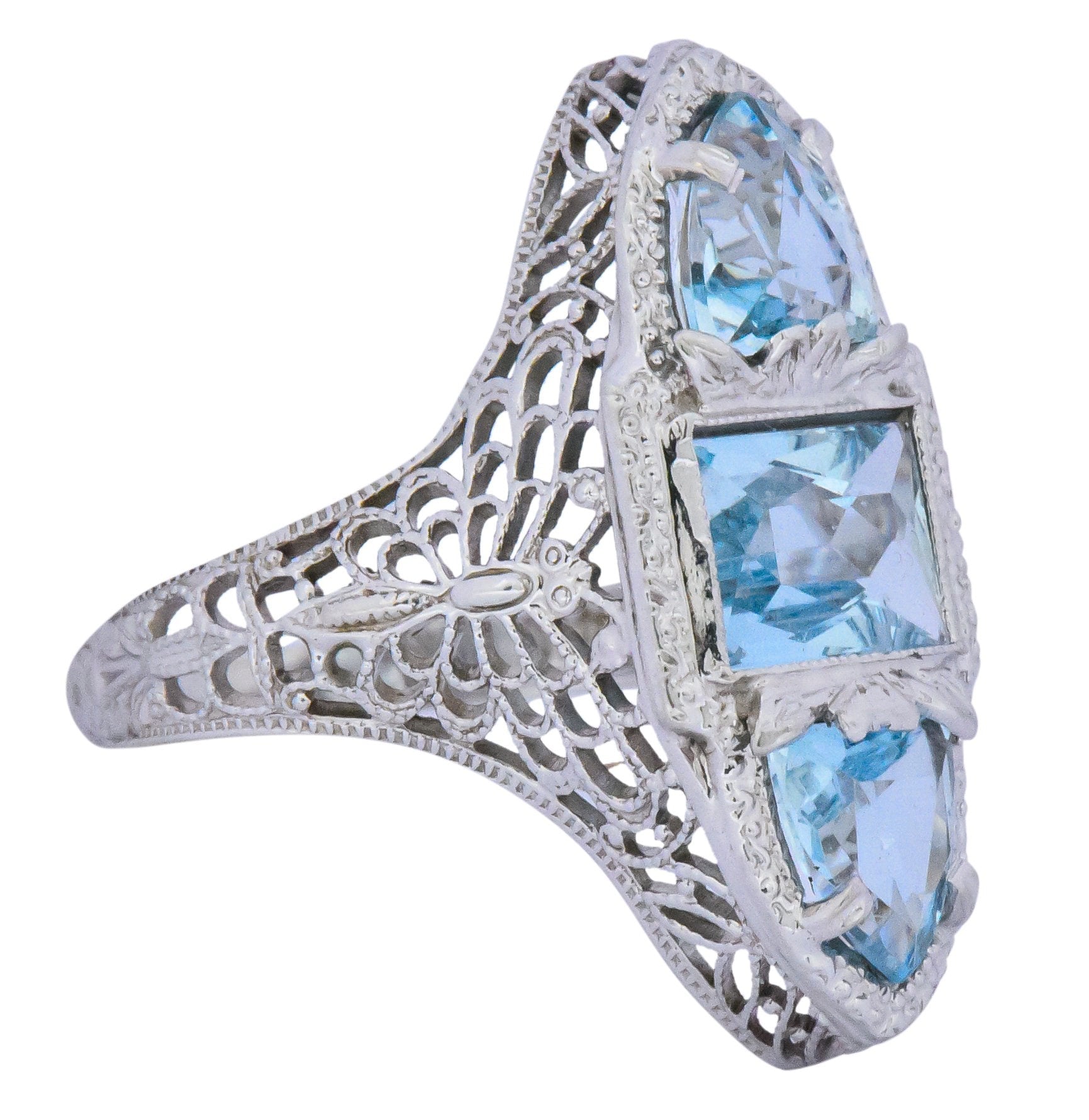 Edwardian 1.75 CTW Aquamarine Dragonfly 14 Karat White Gold Cocktail Ring Wilson's Estate Jewelry
