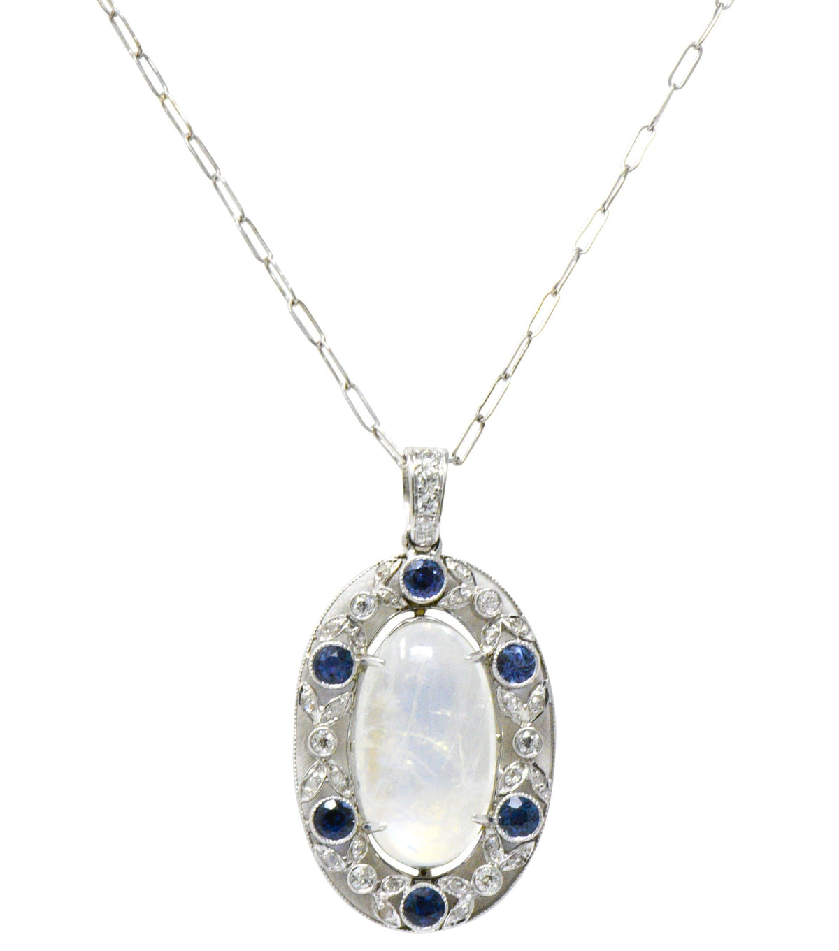 Edwardian 11.80 CTW Moonstone Sapphire Diamond Platinum Pendant Necklace Wilson's Estate Jewelry